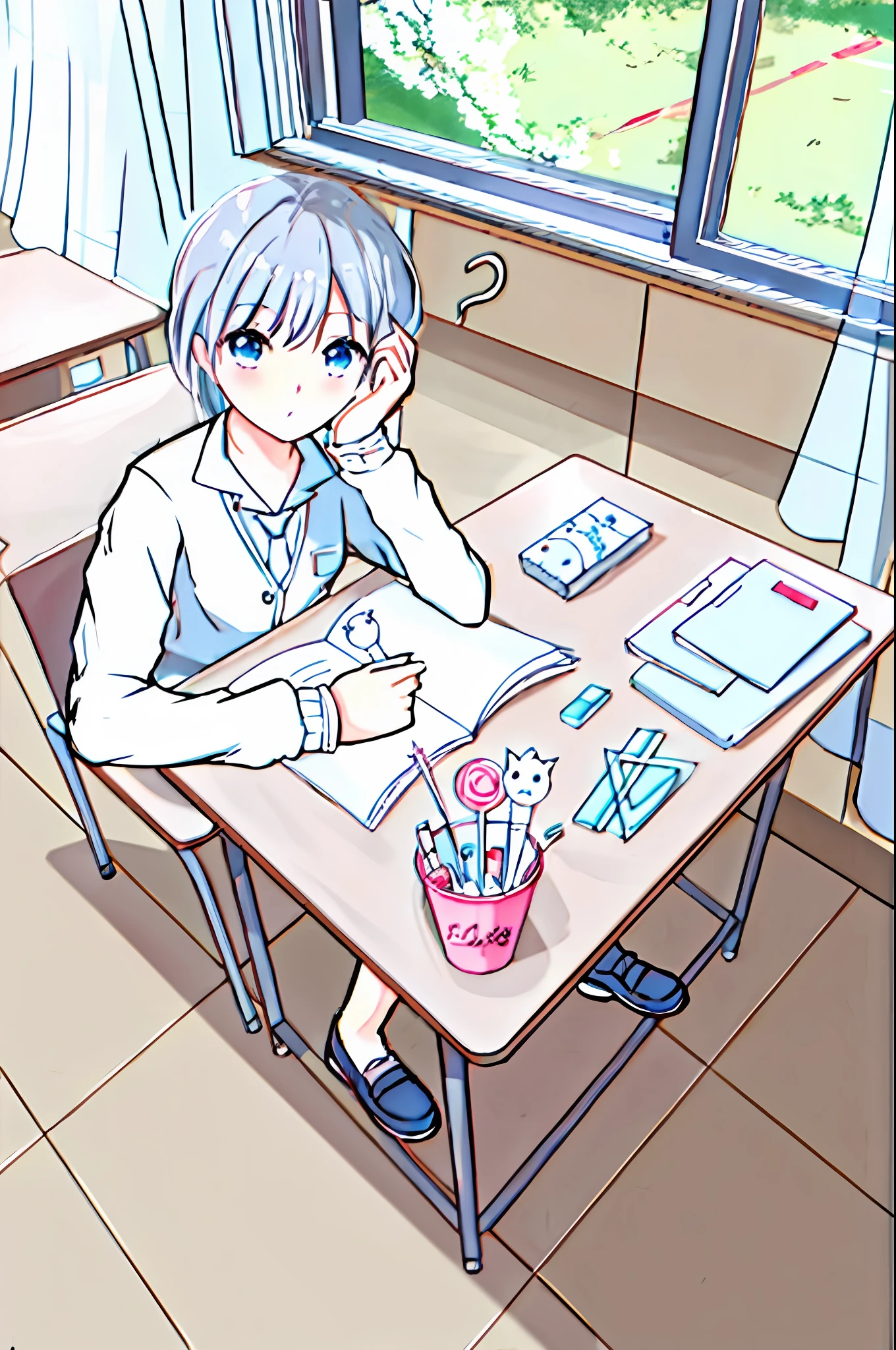 Anime girl sitting at desk,holding a pen, clean anime outlines, linear art, clean lineart, lineart behance hd, author:Middle Bokuhn, clean coloring book page, up of young anime girl, perfect lineart, Sit in the classroom, comic drawing, was sitting in class alone, looking to the camera,pencil case,pen,ruler,book,校服,Cherry blossoms outside the window。