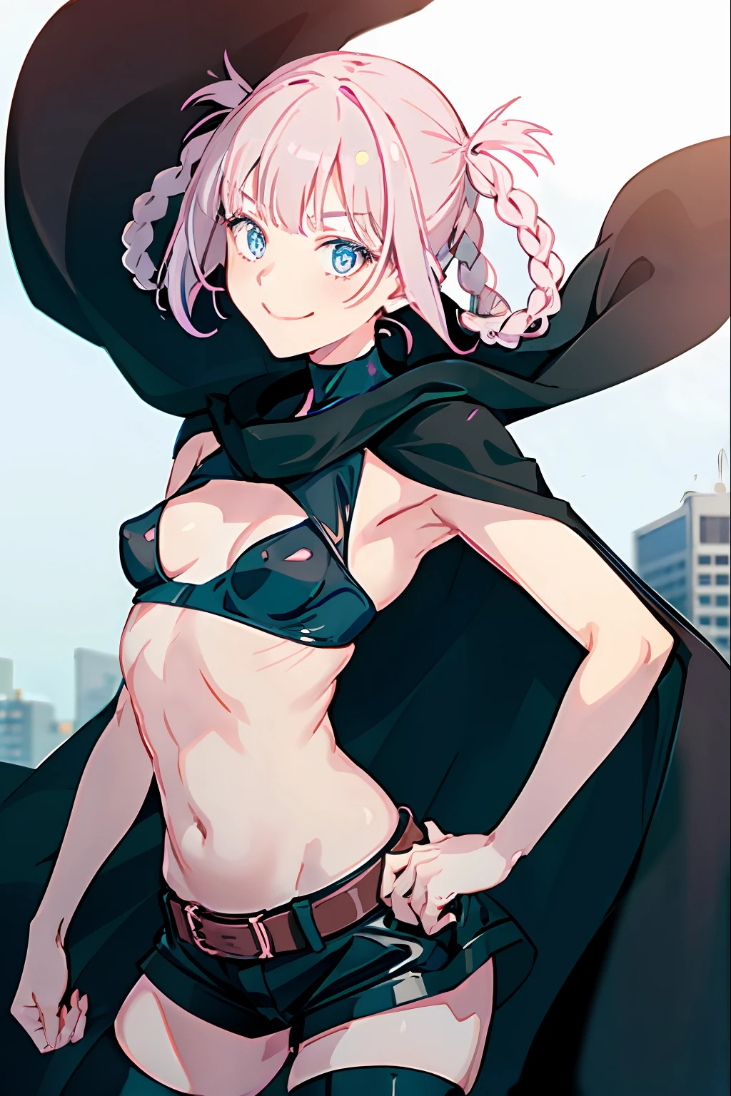 nanakusa nazuna,
1girl, belt, black cape, black shorts, black thighhighs, blue eyes, blurry, blurry background, breasts, cape, city, copyright name, hair rings, hand on hip, navel, night, outdoors, outstretched arm, pink hair, shorts, sleeveless, sleeveless turtleneck, sleeveless turtleneck crop top, small breasts, smile, thighhighs, turtleneck