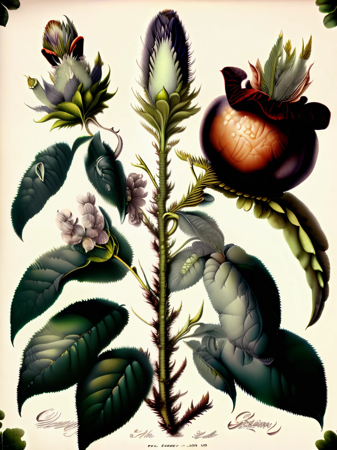 Sauce-Alone Huckleberry, botanical illustration, white background, extremely detailed, style of Pierre-Joseph Redoute, cartoon, Toon, ghibli, Dofus theme