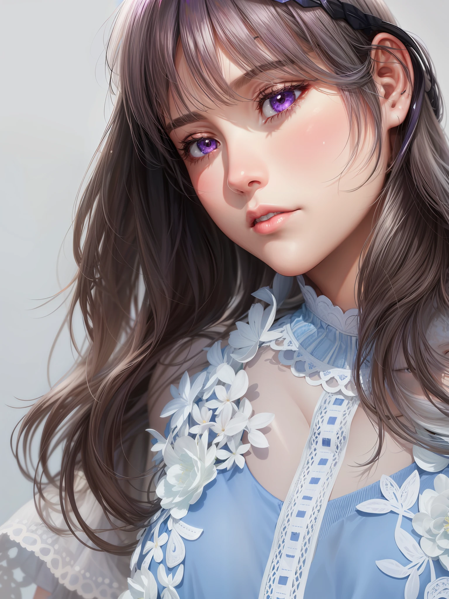 realistic, 1girl, white hair, purple eyes, glowing eyes, crop top, skirt, parted lips, blush, night, flowers, sun, sunlight,