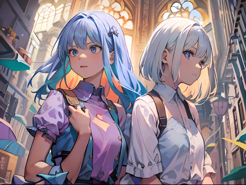 A pair of twins holding hands，Sister with long blue hair and blue eyes，Sister with short purple hair and purple eyes