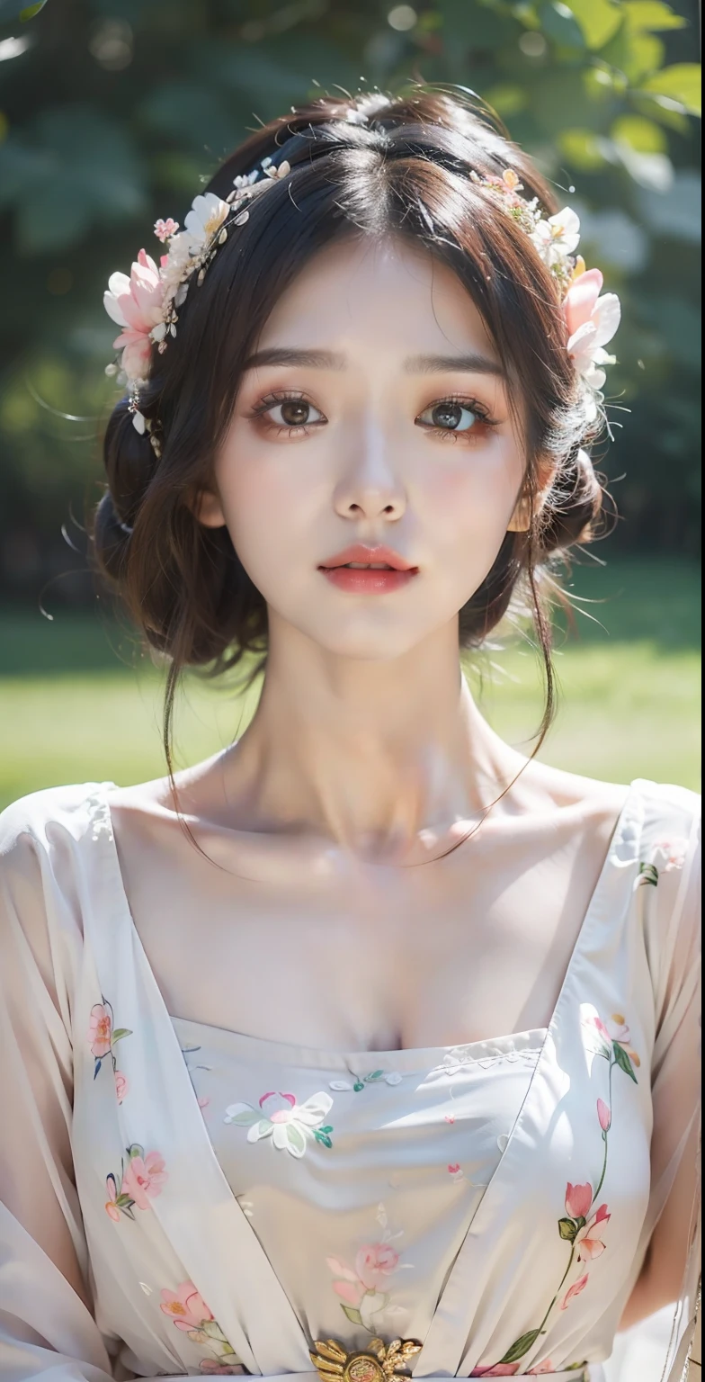 A woman in a dress with a flower crown on her head, cute delicate face, beautiful delicate face, young lovely Korean faces, Beautiful young Korean woman, popular korean makeup, girl cute-fine face, beautiful feminine face, Popular Korean makeup, beautiful Korean women, feminine beautiful face, Ethereal beauty, beautiful aesthetic face, Lovely complexion