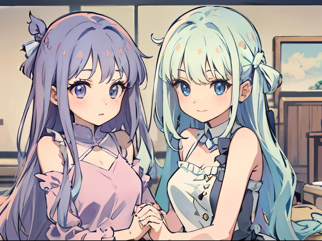 A pair of twins holding hands，Sister with long blue hair and blue eyes，Sister with short purple hair and purple eyes