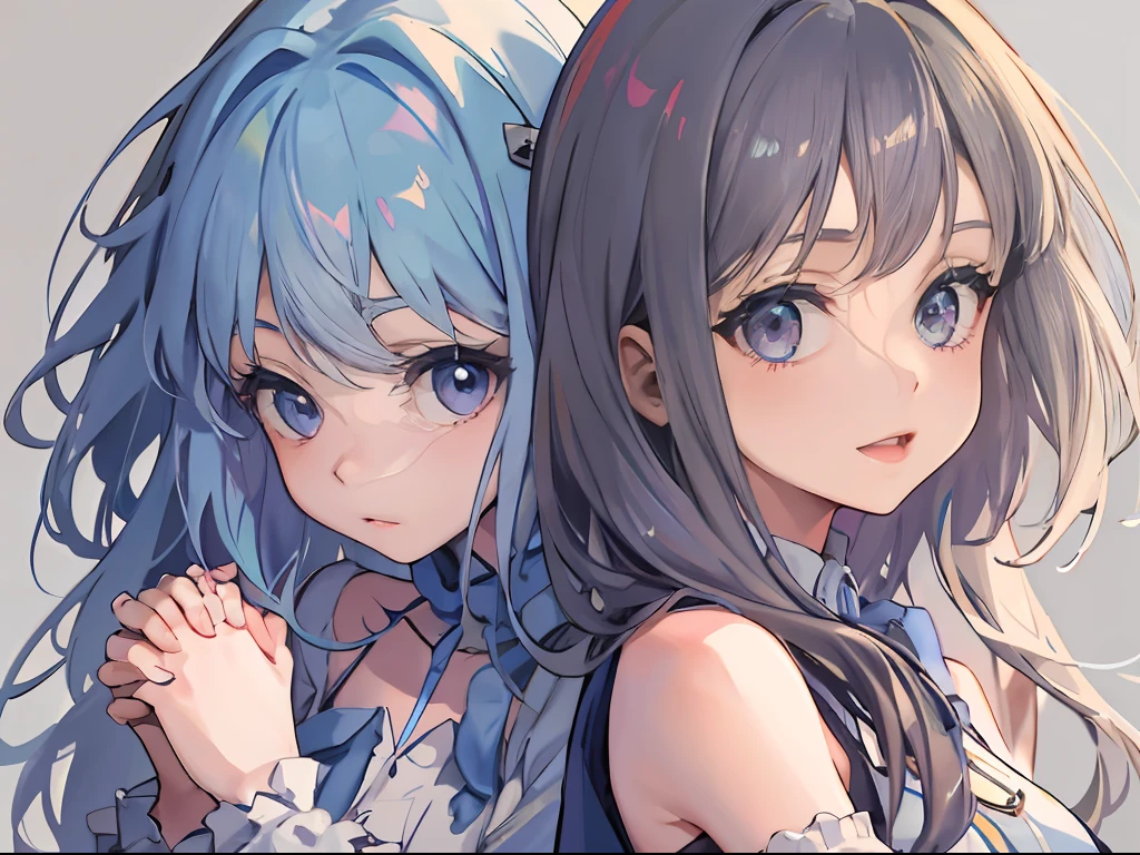 A pair of twins holding hands，Sister with long blue hair and blue eyes，Sister with short purple hair and purple eyes