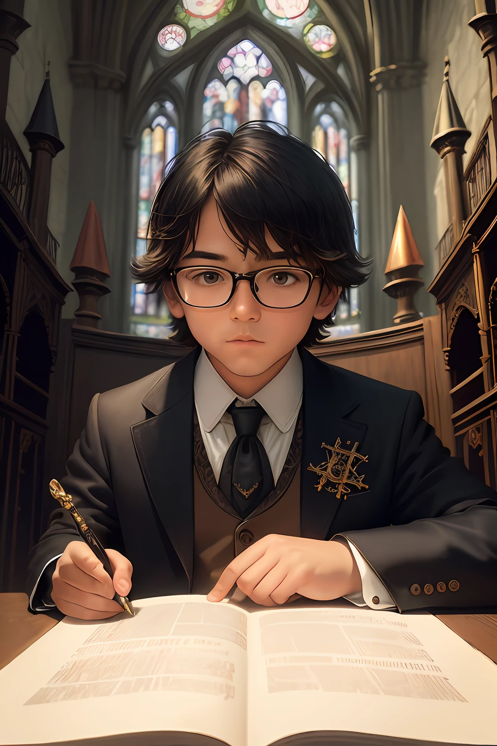 "((best quality)), ((masterpiece)), ((realistic cartoon)), ((perfect character)) - A 3-year-old boy wearing glasses, meticulously depicted with hyper-detailed facial features and skin, dressed in school attire, exploring a Gothic medieval cathedral. The scene showcases stunning stained glass windows illuminated by rays of sunlight filtering through from the outside. In the background, a majestic pipe organ from that era adds to the atmosphere. The entire scene is highly detailed, exuding a realistic and somber Gothic ambiance in UHD quality."

eye level, scenic, masterpiece