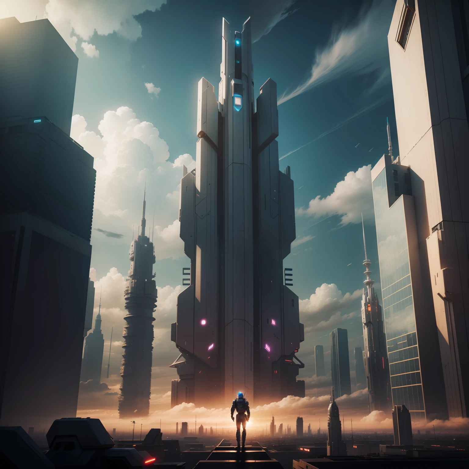 Sky, Clouds, holding_weapon, no_humans, Glow, Robots, Architecture, Science Fiction, Cities, Reality --v6
