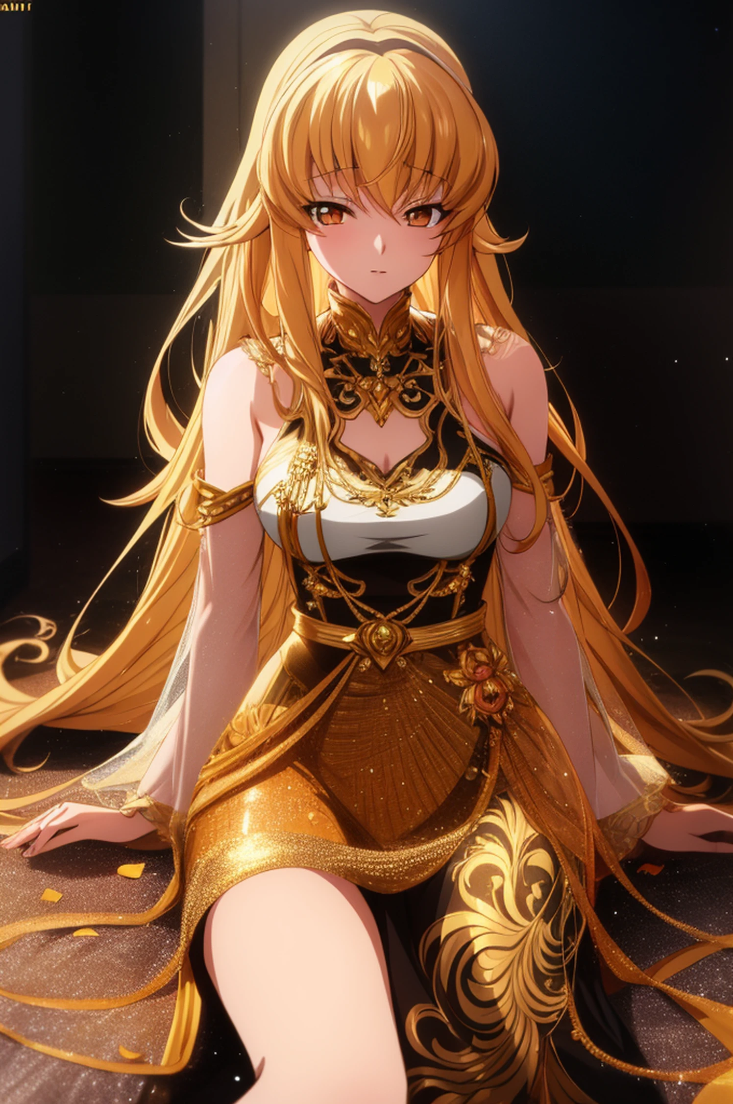 Anime girl sitting on the ground in a golden dress,Petals fluttered around her, seductive anime girls, Anime goddess, beautiful and seductive anime woman, Detailed digital anime art, Beautiful anime woman, Extremely detailed Artgerm, Kushatt Krenz Key Art Women, trending on artstation pixiv, Marin Kitagawa fanart, Beautiful anime girl, Fanart Meilleure ArtStation