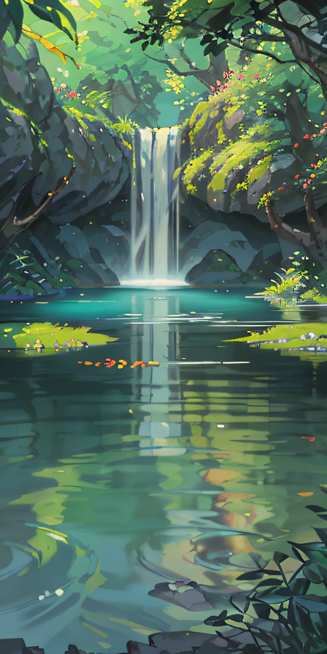 Chinese ancient times, spring, jungle, lake, cave, waterfall, tree, meadow, rock, deer, hot spring, water vapor, (illustration: 1.0), epic composition, realistic lighting, HD details, masterpiece, best quality, (very detailed CG unified 8k wallpaper)