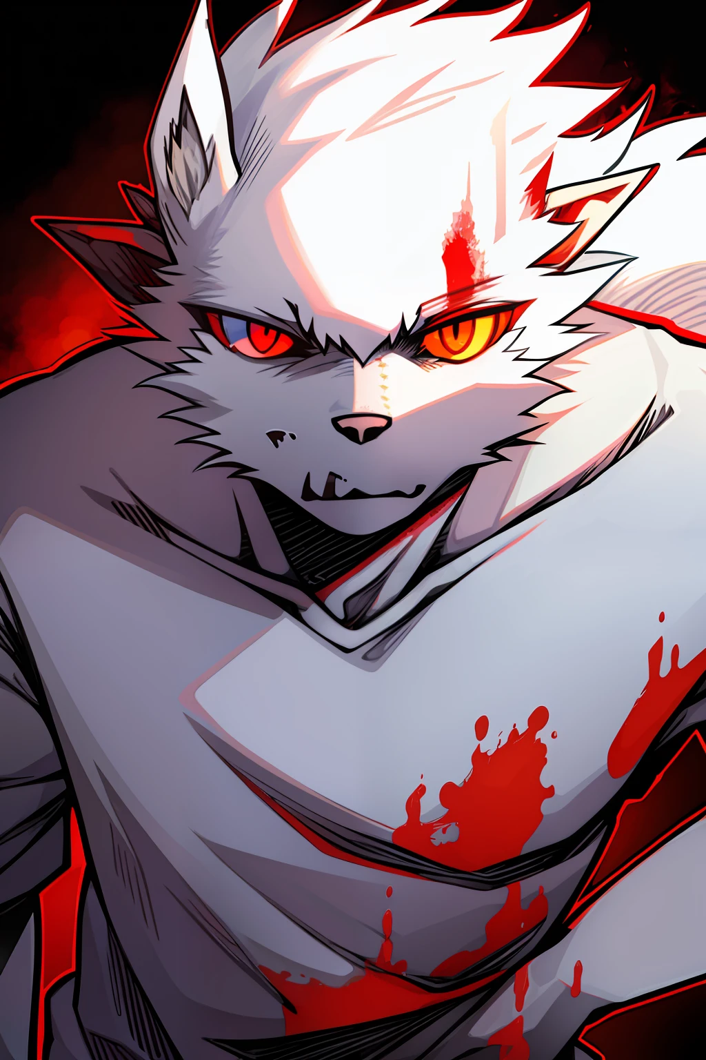 terroral,blood vess,rampage,zombie,Blood on the body,The corners of his mouth were stained with blood,solo person,White body,White ears,White hair,White fur,Overall white,Orange-yellow eyes,Wolf tail,Wolf orcs,young,Wear a short-sleeved shirt,Ultra-clear screen,Soft lines