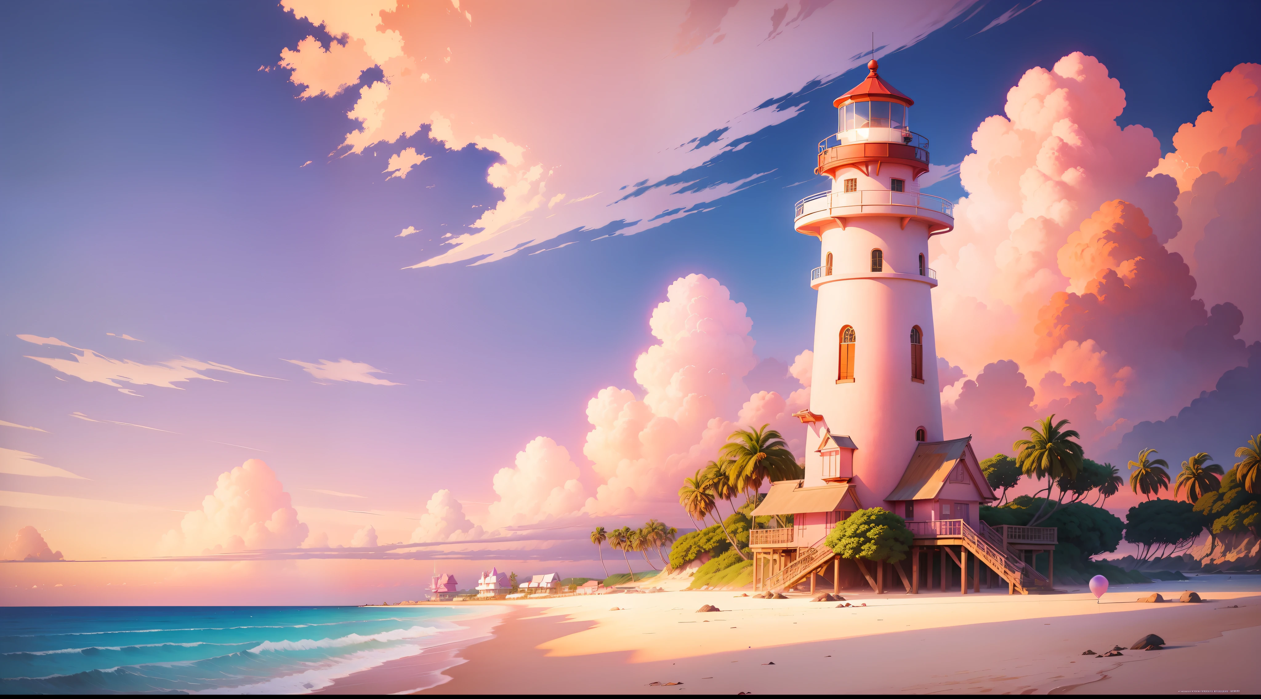 The painting style comes from Hayao Miyazaki，lighthouse，coconut palms，pink-sky，Purple clouds，Orange sandy beach，Light pink water