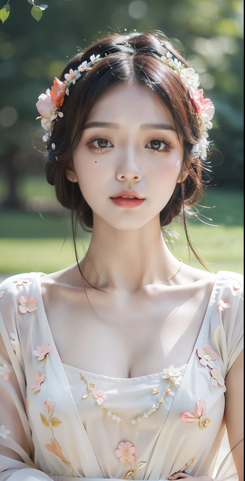 A woman in a dress with a flower crown on her head, cute delicate face, beautiful delicate face, young lovely Korean faces, Beautiful young Korean woman, popular korean makeup, girl cute-fine face, beautiful feminine face, Popular Korean makeup, beautiful Korean women, feminine beautiful face, Ethereal beauty, beautiful aesthetic face, Lovely complexion, beautiful portrait image
