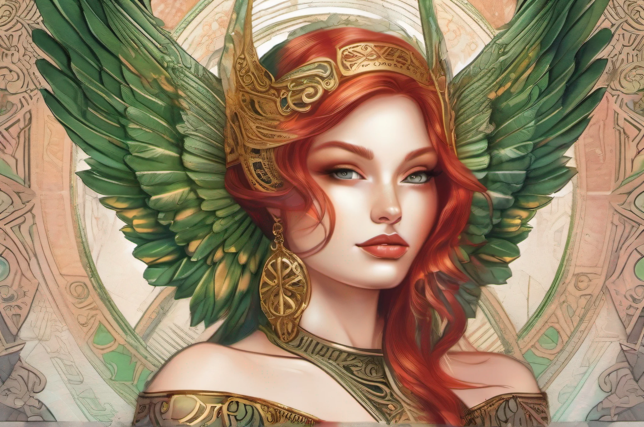 Hand-drawn illustration of a handsome angel woman nudity with red hair, green eyes, symmetrical angelic wings, leather armor, halo, illustration, watercolor sketch, (best quality)), detailed intricate, Pakistani, belly out, thick lips with red lipstick, lightly made up and rosy cheeks, female, thin waist, wide hip, thick legs, defined and delicate body, detailed skin, golden tribal tattoo,  big breasts, smiling