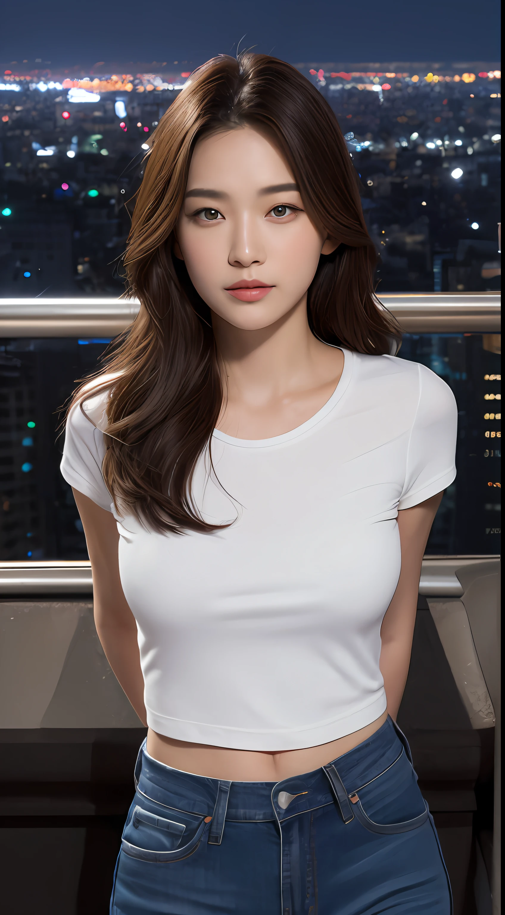((Midnight, Acura, 8K, Masterpiece: 1.3)), Full body, Long legs, Focal length: 1.2, Perfect Body Beauty: 1.4, Slim Abs: 1.1, ((Dark Brown Hair, Medium Breasts: 1.2 )), (White Skinny T-shirt, Denim Bispenders, Standing: 1.2), ((City Night View, Roof: 1.3)), Highly detailed face and skin texture, Detailed eyes, Double eyelids