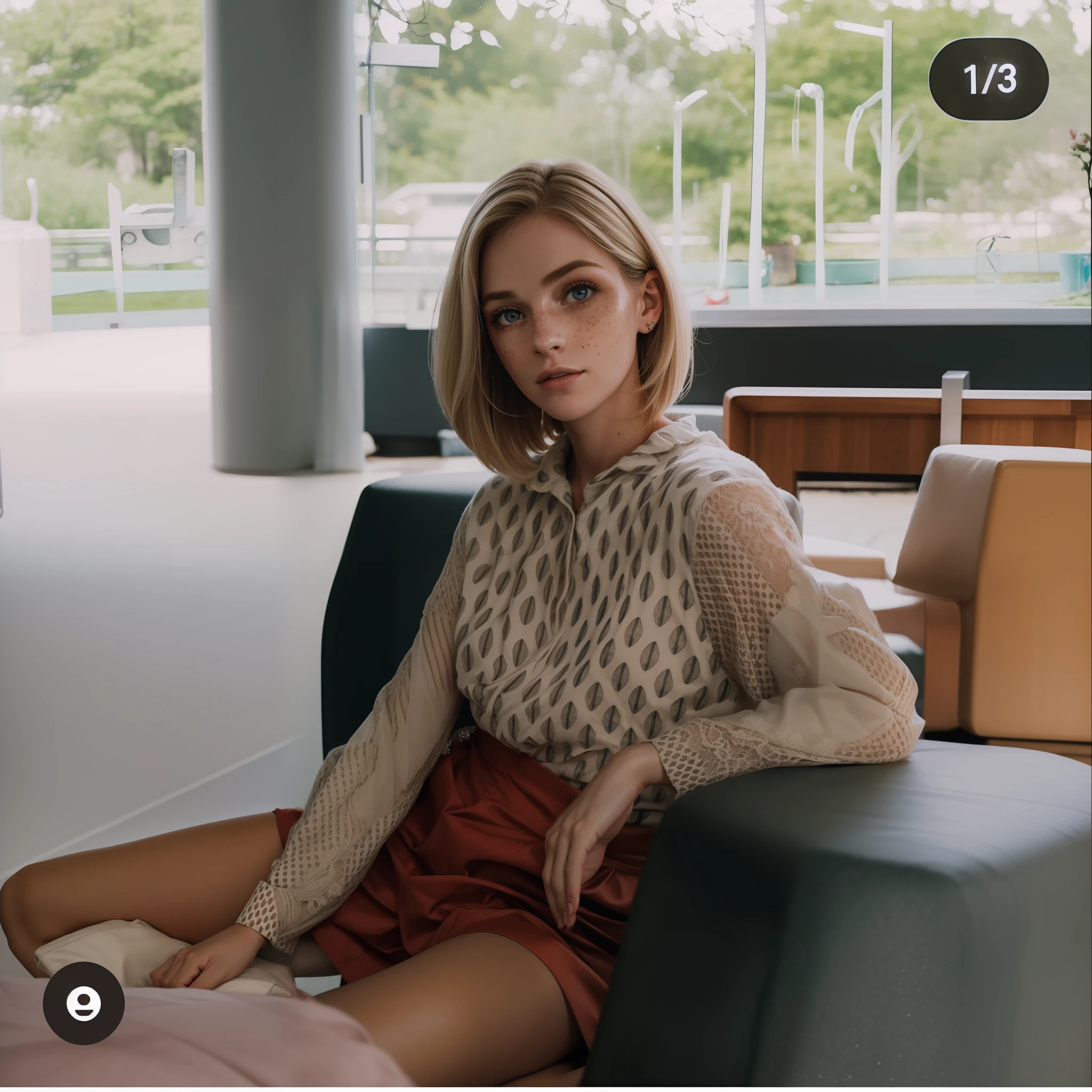 Rosto de uma mulher, americana, 25 anos, pale skin and freckles, olhos cinzas, nariz delicado, soft and delicate lips, cabelo blondie cinza longo e ondulado, ultrarrealista HD fotorrealista altamente renderizado sorriso perfeito