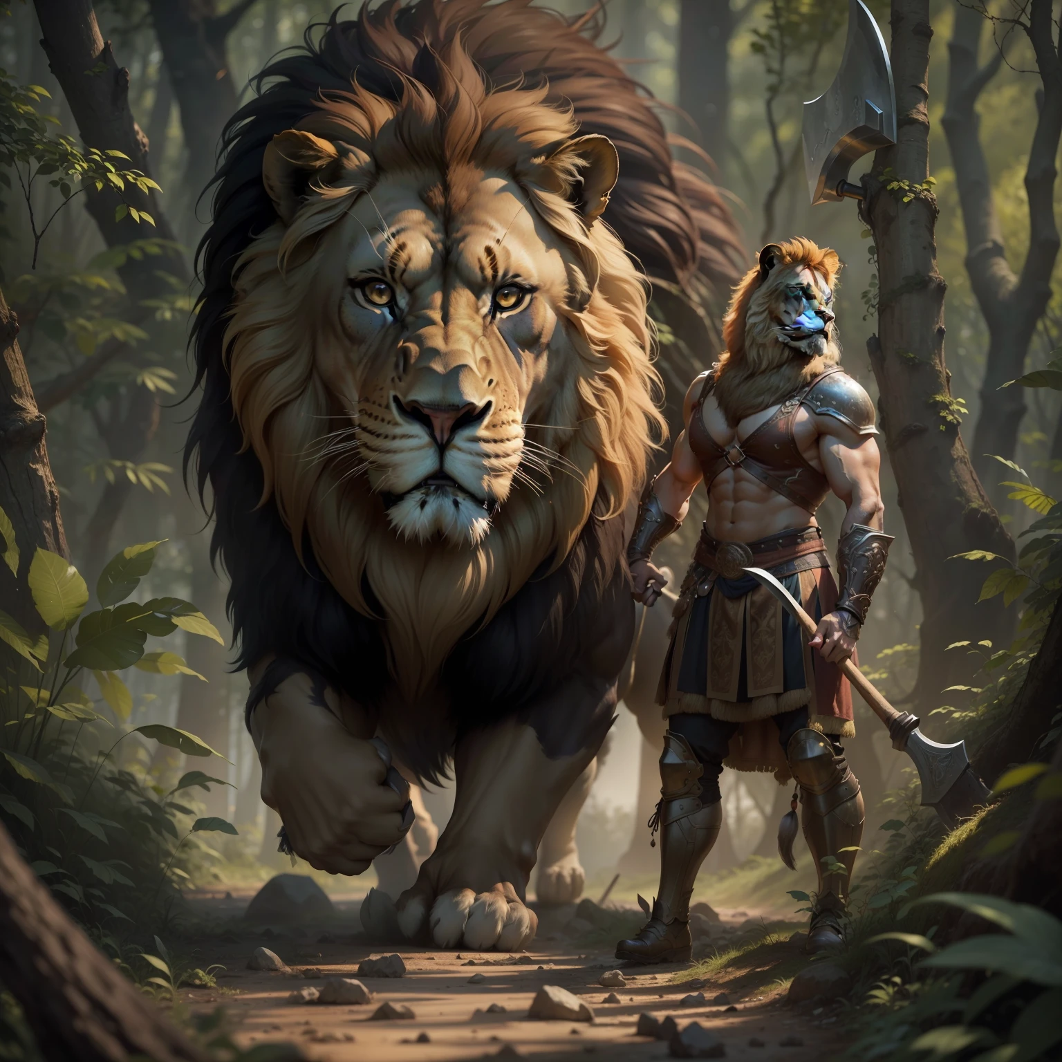 Obra prima , obra de arte , alta qualidade , a large lion strong and robust imposing in human form and warrior with a large Axe in hand in the middle of the forest animalistic theme in 8k , Full HD beautiful picture great lighting