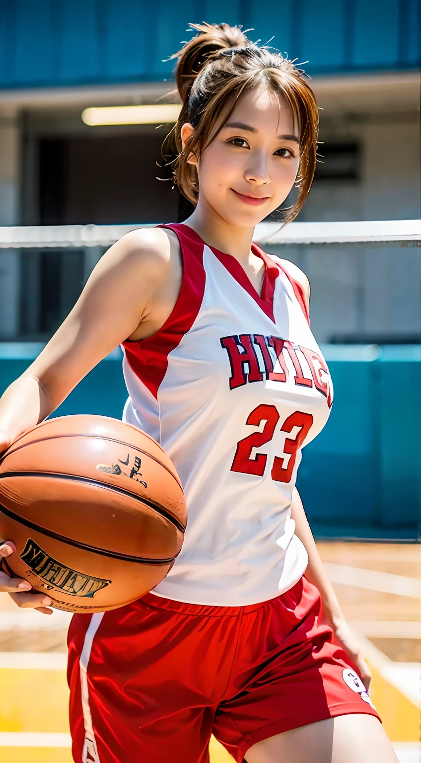 pose for photo、Cute idol woman in Japan、(basketball_uniform:1.Wearing 3)、Colossal tits、A smile that captivates photographers、red brown hair、short ponytail hair、Floating hair、 Good Hand、Jumping Chute、Jamb height、ball、finish、8K、hight resolution、​masterpiece、top-quality、headw:1.3、Fine detailed skin、Sharp Focus、(电影灯光)、鎖骨、natta、Soft lighting、dynamic ungle、详细的脸、(((Inside the basketball court)))Raw photo of the whole body、