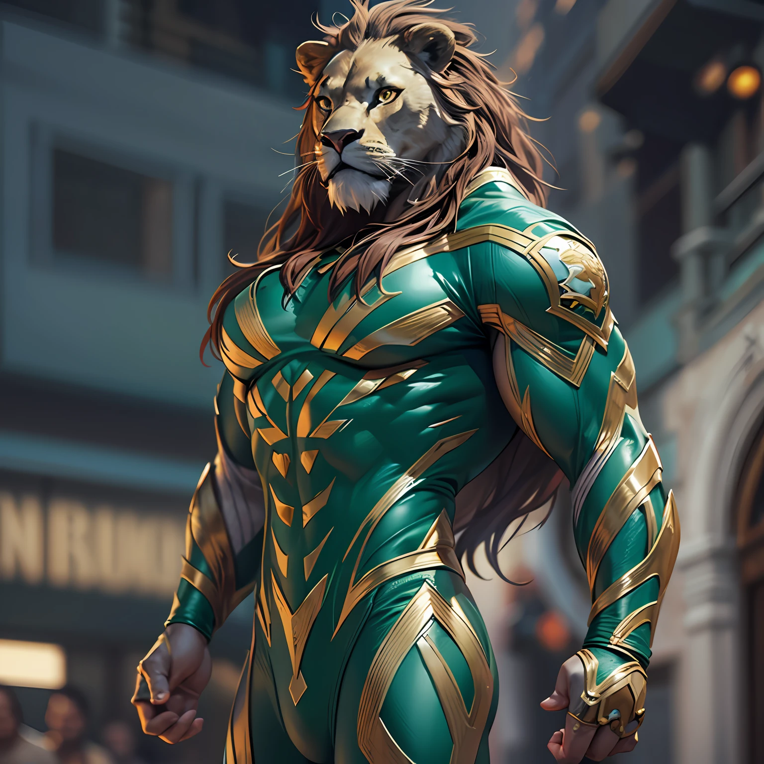 Em meio a cidade, A man's whole body is realistic,com figurinos robustos e futuristas muito detalhados e elaborados, Superhero Lion Man action, Amazing Movie Art Face Highly Detailed Costume Detailed CGI Resolution 8k