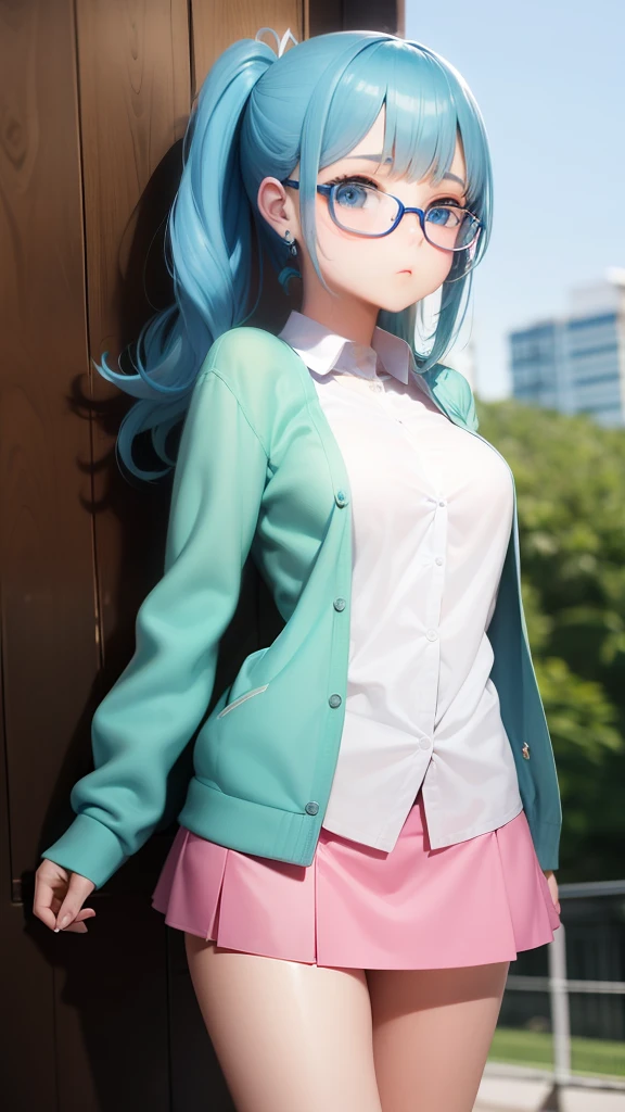 Animation, anime, cartoon, high-definition, exquisite, Fashion photography, detailed, epic shooting round faced girls, cute, sexy, ponytails, blue hair clips, green glasses, blue eyes, angel like face in the campus, attractive figure, very beautiful, full body photo, pink miniskirt, strapless cardigan, bracelets, earrings, white transparent stockings, slippers,