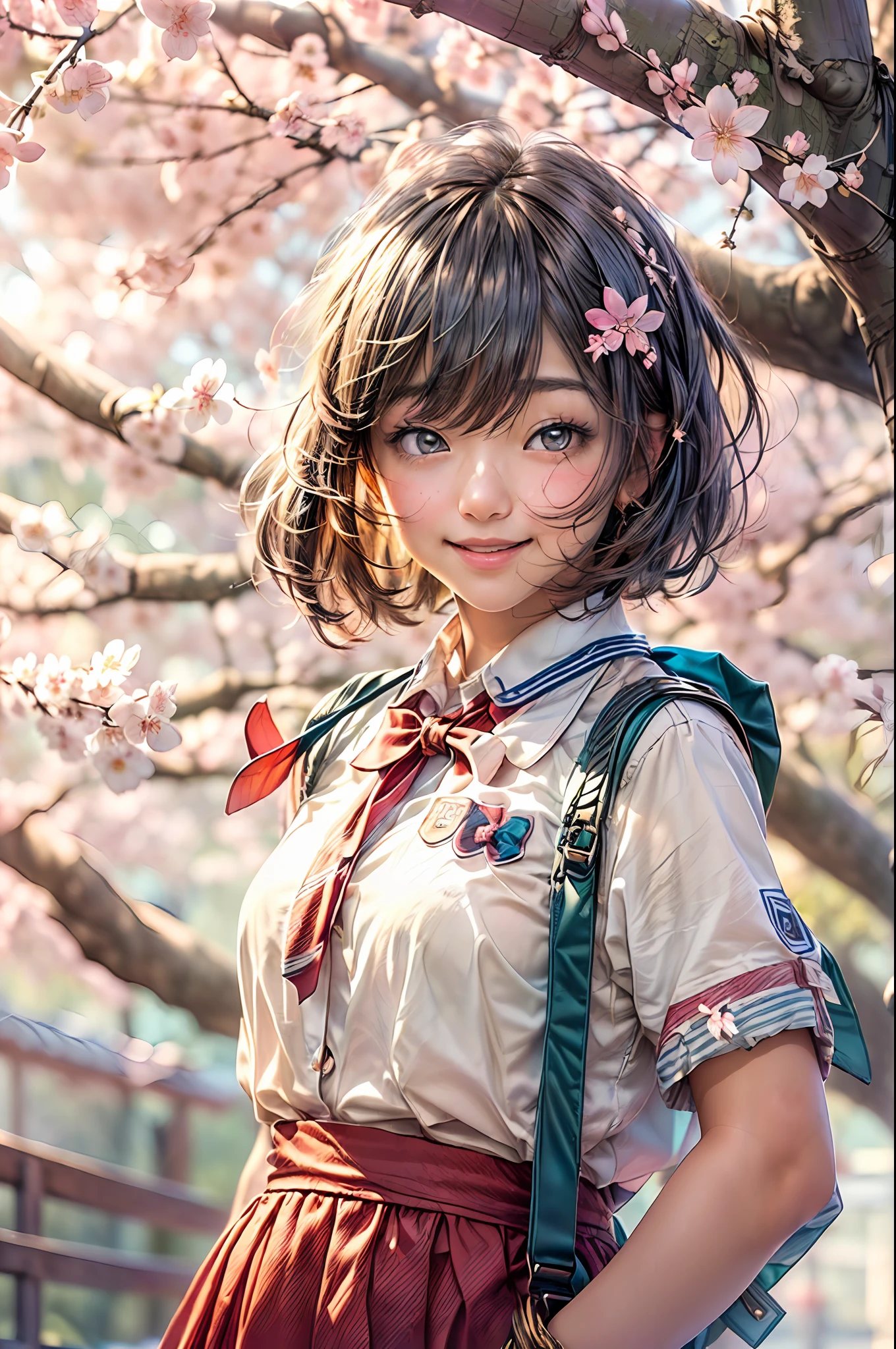 (masterpiece, high resolution:1.4), (photo of a Japanese teenage girl with short hair and honey-colored eyes:1.2), (Sony Alpha 1 camera, renowned for capturing exceptional detail and vibrant colors:1.2), (paired with the Sony FE 50mm f/1.8 lens for a focused and full-body shot:1.2), (the girl with a radiant smile and a perfectly symmetrical face:1.1), (her skin flawless and glowing in the sunlight:1.1), (Sony Alpha 1 camera capturing the intricate textures of her hair and school uniform:1.2), (dressed in a blue school uniform with a decorative red bow:1.2), (her uniform perfectly fitted and adding to her youthful charm:1.3), (standing in front of a cherry blossom tree in a park:1.2), (the cherry blossoms in full bloom, creating a picturesque and enchanting backdrop:1.1), (the sunlight filtering through the cherry blossoms, casting a warm and ethereal glow on the girl:1.3), (a sense of joy and happiness evident in her bright smile:1.3), (the photo capturing the girl's vibrant and cheerful personality:1.1), (the high-resolution photo ensuring every detail, from the girl's expression to the delicate cherry blossoms, is preserved:1.3)