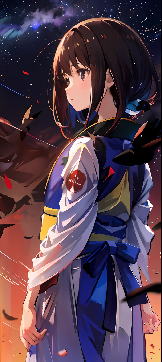 One, distant girl in kimono staring at the stars (reduced: 1.1), (meteor shower: 1.2), (comet: 1.1), your name, low angle, from behind, arrow labrealis shooting star, yukata, red kimono, cherry blossoms, highest quality standing in the field, masterpiece, clouds, colorful, starry sky, stars,