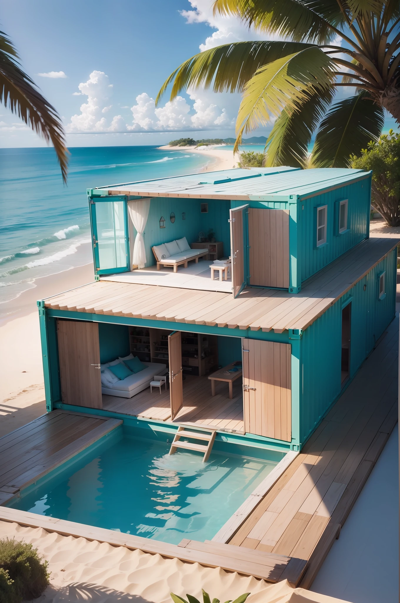 une maison faites en container avec une piscine d'eau naturelle en facade sur une plage tropicale... Plantes sur le toit, plus de baie vitree!