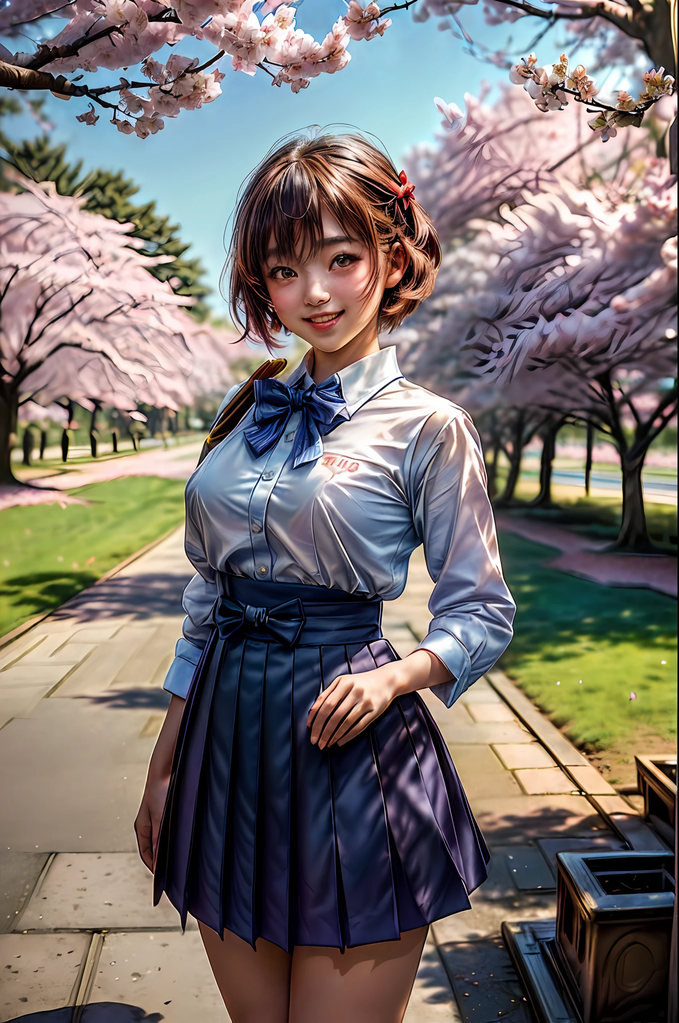 (masterpiece, high resolution:1.4), (photo of a Japanese  girl with short hair and honey-colored eyes:1.2), (Sony Alpha 1 camera, renowned for capturing exceptional detail and vibrant colors:1.2), (paired with the Sony FE 50mm f/1.8 lens for a focused and full-body shot:1.2), (the girl with a radiant smile and a perfectly symmetrical face:1.1), (her skin flawless and glowing in the sunlight:1.1), (Sony Alpha 1 camera capturing the intricate textures of her hair and school uniform:1.2), (dressed in a blue school uniform with a decorative red bow:1.2), (her uniform perfectly fitted and adding to her youthful charm:1.3), (standing in front of a cherry blossom tree in a park:1.2), (the cherry blossoms in full bloom, creating a picturesque and enchanting backdrop:1.1), (the sunlight filtering through the cherry blossoms, casting a warm and ethereal glow on the girl:1.3), (a sense of joy and happiness evident in her bright smile:1.3), (the photo capturing the girl's vibrant and cheerful personality:1.1), (the high-resolution photo ensuring every detail, from the girl's expression to the delicate cherry blossoms, is preserved:1.3)