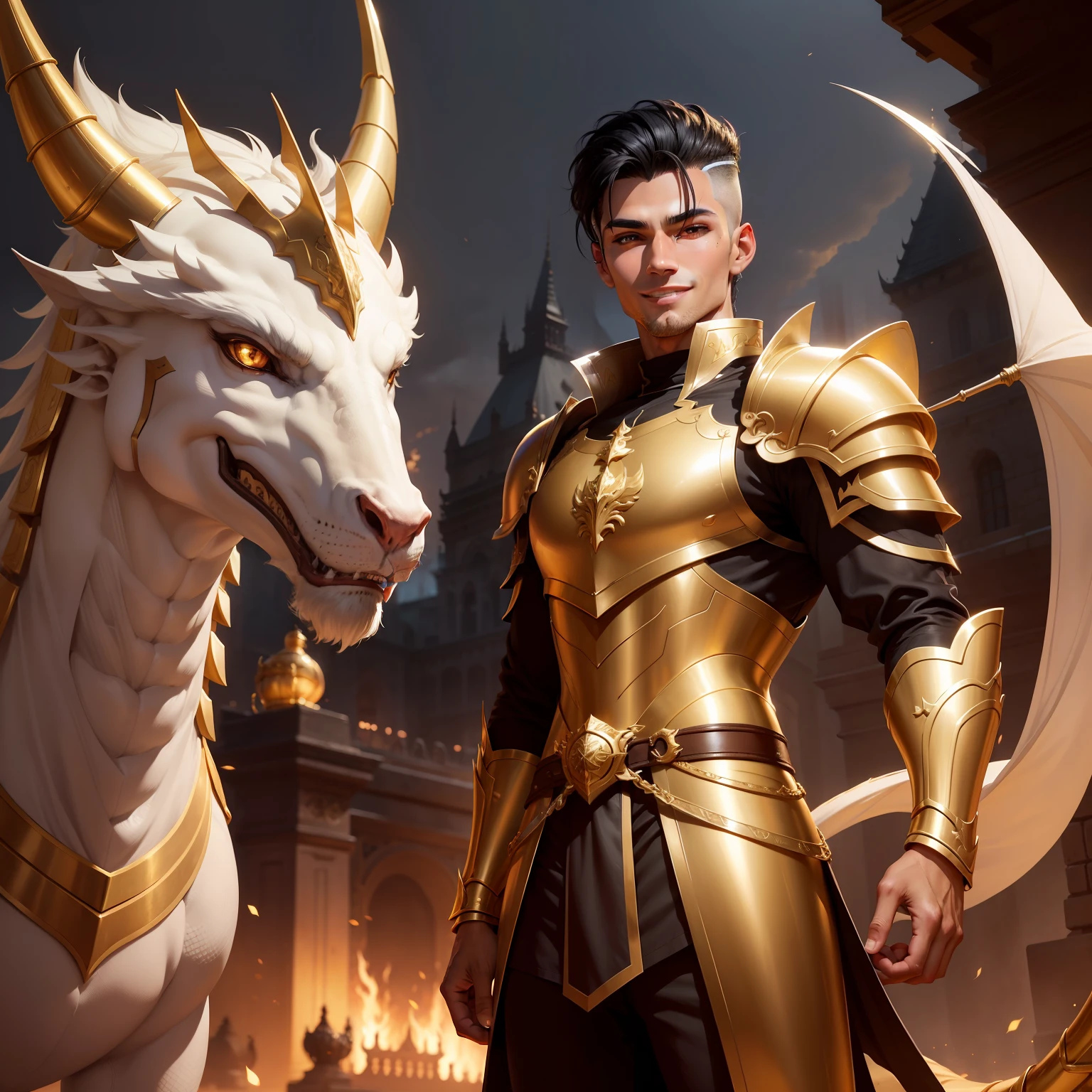 Slim handsome tanned european guy with black hair, shaved to the side, and golden eyes, dressed in white and gold armor, Standing next to the Golden Dragon and smiling: