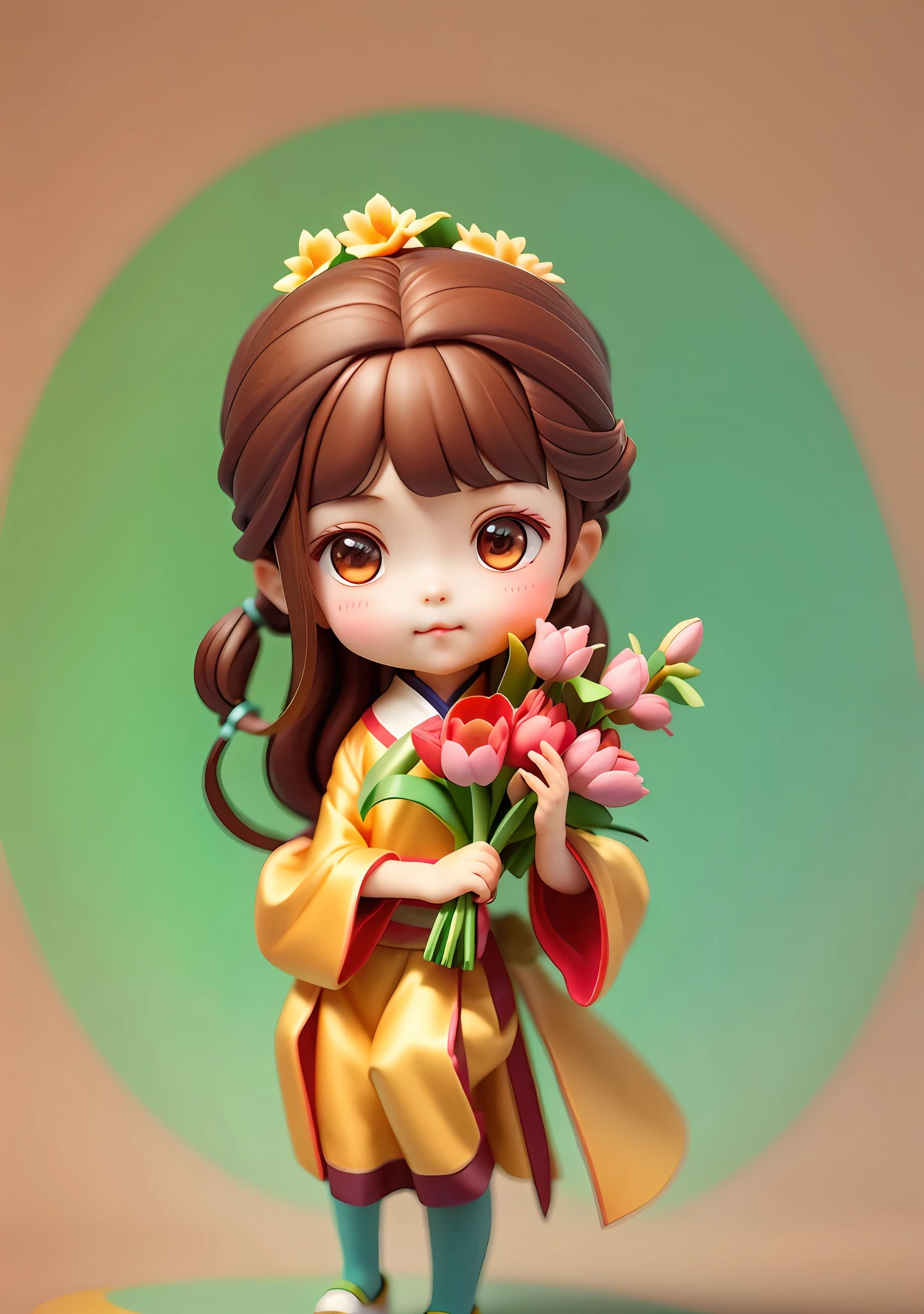 a blind box toy，A cute antique little girl，cute  face，Brown hair long，Coiled hair，wearing a hanfu，sitted，Holding a bouquet of tulips in his hand