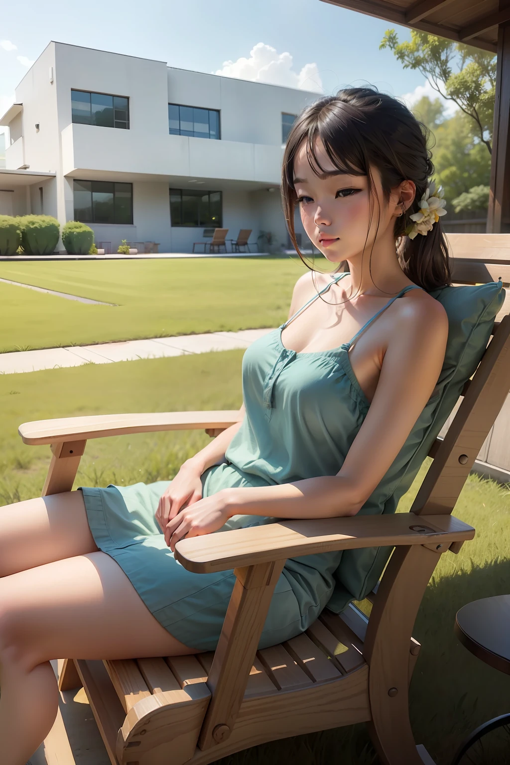 In semi-outdoor buildings，Facing the cornfield，Relax on a lounge chair、blows wind，The posture is free and natural