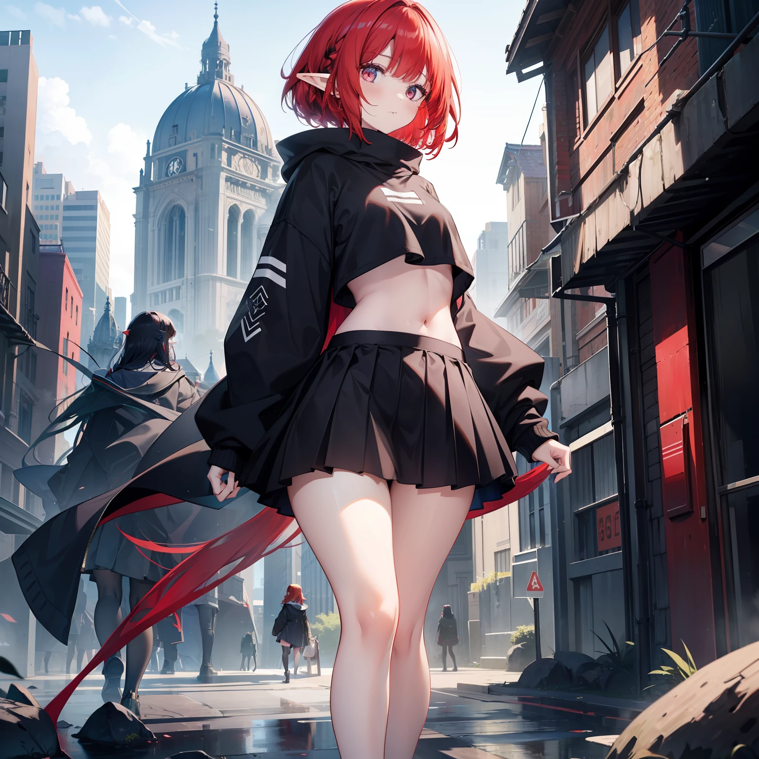 1 Girl, from the back, no face showing, elf ear, big red hair, black hair ends, bangs, lora:add_detail, short sweatshirt on belly, short skirt, thin waist, belly, big chest, thick legs, big thigh big ass standing