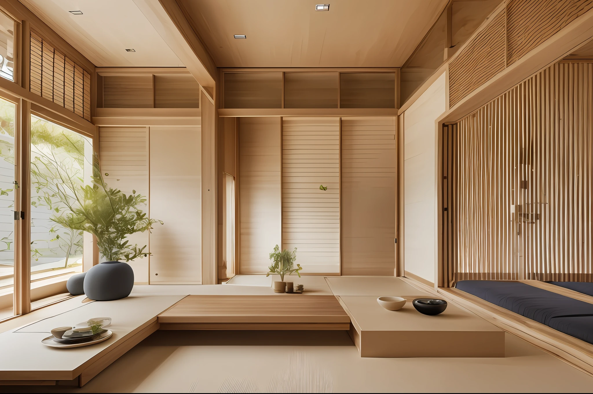 Kouichi Kimura style modern Japanese living room design, The open living room connects the main courtyard and a wooden platform designed to make the transition smooth and natural