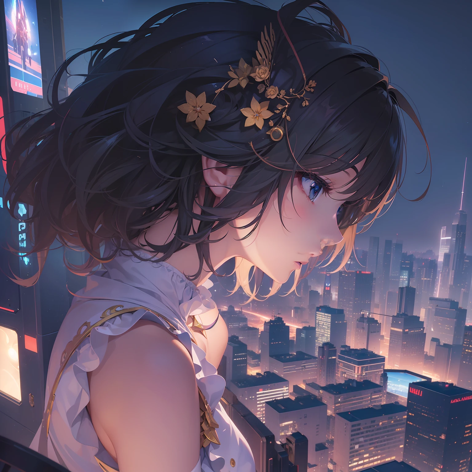 (((masterpiece)))、(((top-quality)))、((ultra-definition))、(High Definition CG Illustration)、((extremely delicate and beautiful))、Anime girl overlooking the city of the future,Cinematic Light、2080s、animesque、girl with、trending on artstationh、Rachel Walker、