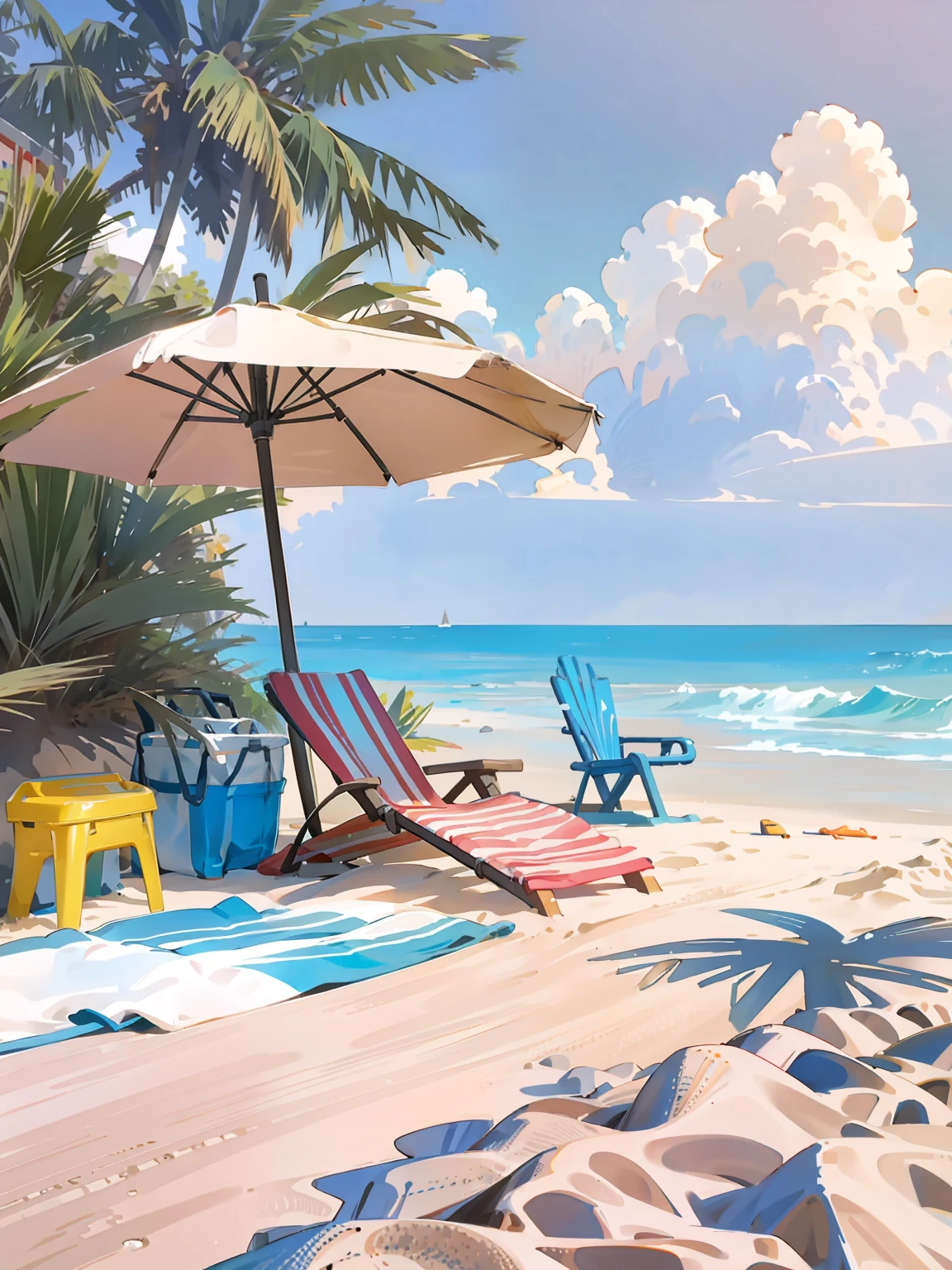 Beach chairs and umbrellas, Two surfboards,beach aesthetic, promotional render, seaside backgroud,neat,Simple and good-looking, The beach is white sand background, beach setting, beach setting medium shot, Beach scene,Realisticstyle