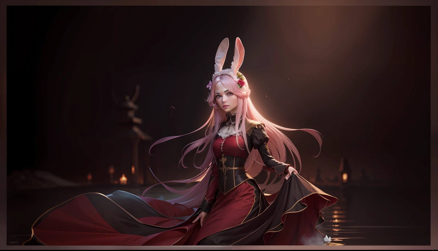 In the background is a lake flower,Noble rabbit demon aristocratic lady