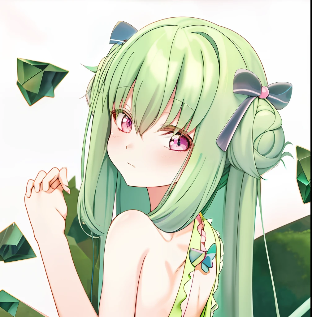 Anime girl with green hair and pink eyes holding stones, anime moe art style, mikudayo, shirabii, Cute anime girl, seductive anime girls, rei hiroe, zerochan art, Anime monster girl, Cute natural anime face, pretty anime girl, small curvaceous loli, with index finger, Loli, Digital anime art!!, negao