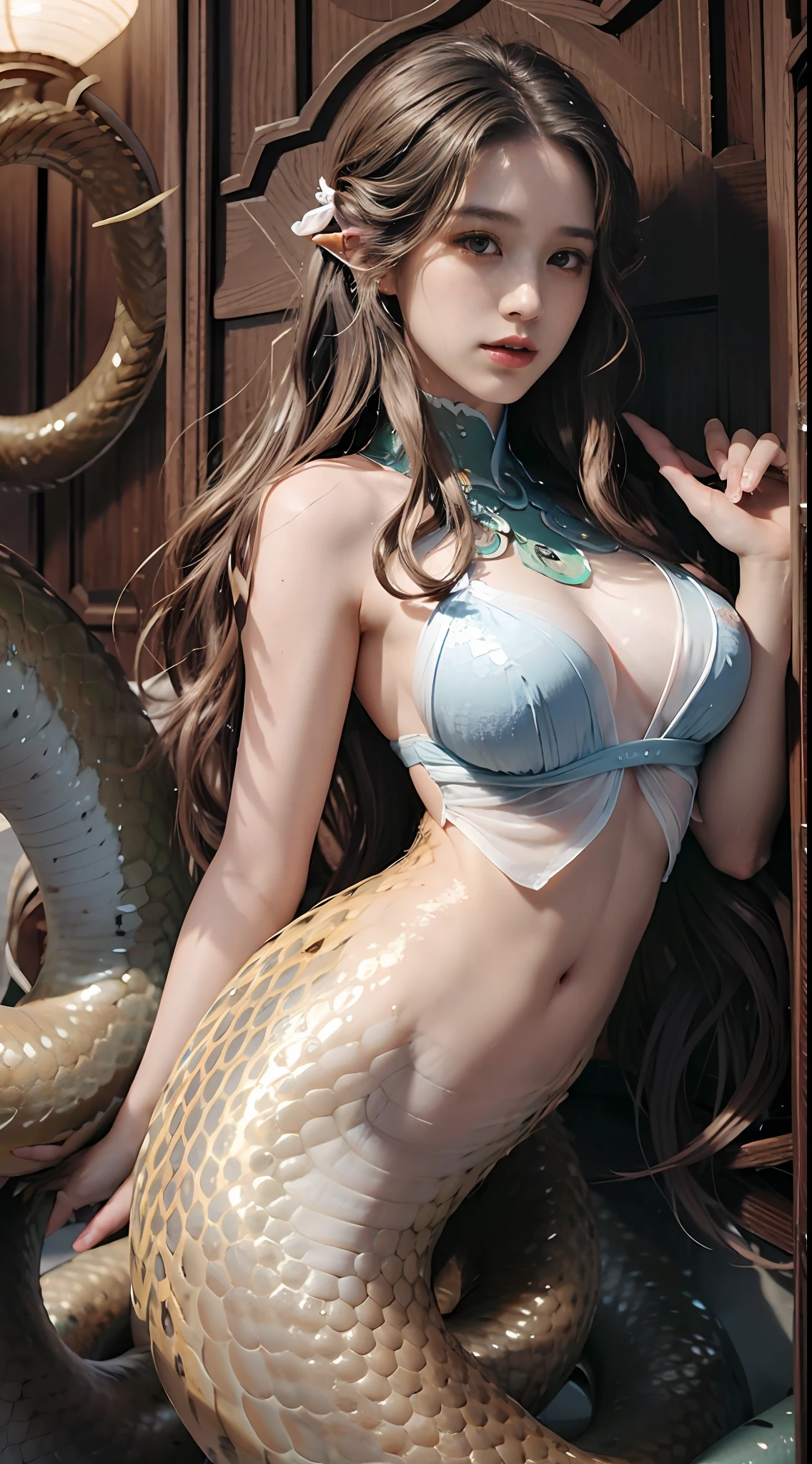 NSFW,(RAW photos,best qualtiy),(realisticlying,photograph realistic:1.3),best qualtiy,highly detailed,tmasterpiece,ultra - detailed,illustratio,1 Medusa Girl,(mermaids:1.2),(Elongated golden snake tail:1.3),(Realistic scales),cabellos largos dorados,The face is delicate,Skin is delicate and smooth,Large chest and thin waist,full_Body,dynamic angle,Masterpiece Theatre of the World,Messy_Long_Hair,best qualtiy,the Extremely Detailed CG Unity 8K Wallpapers,ink,astounding,cinmatic lighting,lens_flare,dunhuang_Style,