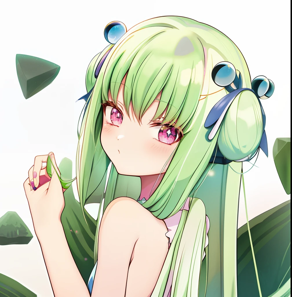 Anime girl with green hair and pink eyes holding stones, anime moe art style, mikudayo, shirabii, Cute anime girl, seductive anime girls, rei hiroe, zerochan art, Anime monster girl, Cute natural anime face, pretty anime girl, small curvaceous loli, with index finger, Loli, Digital anime art!!, negao
