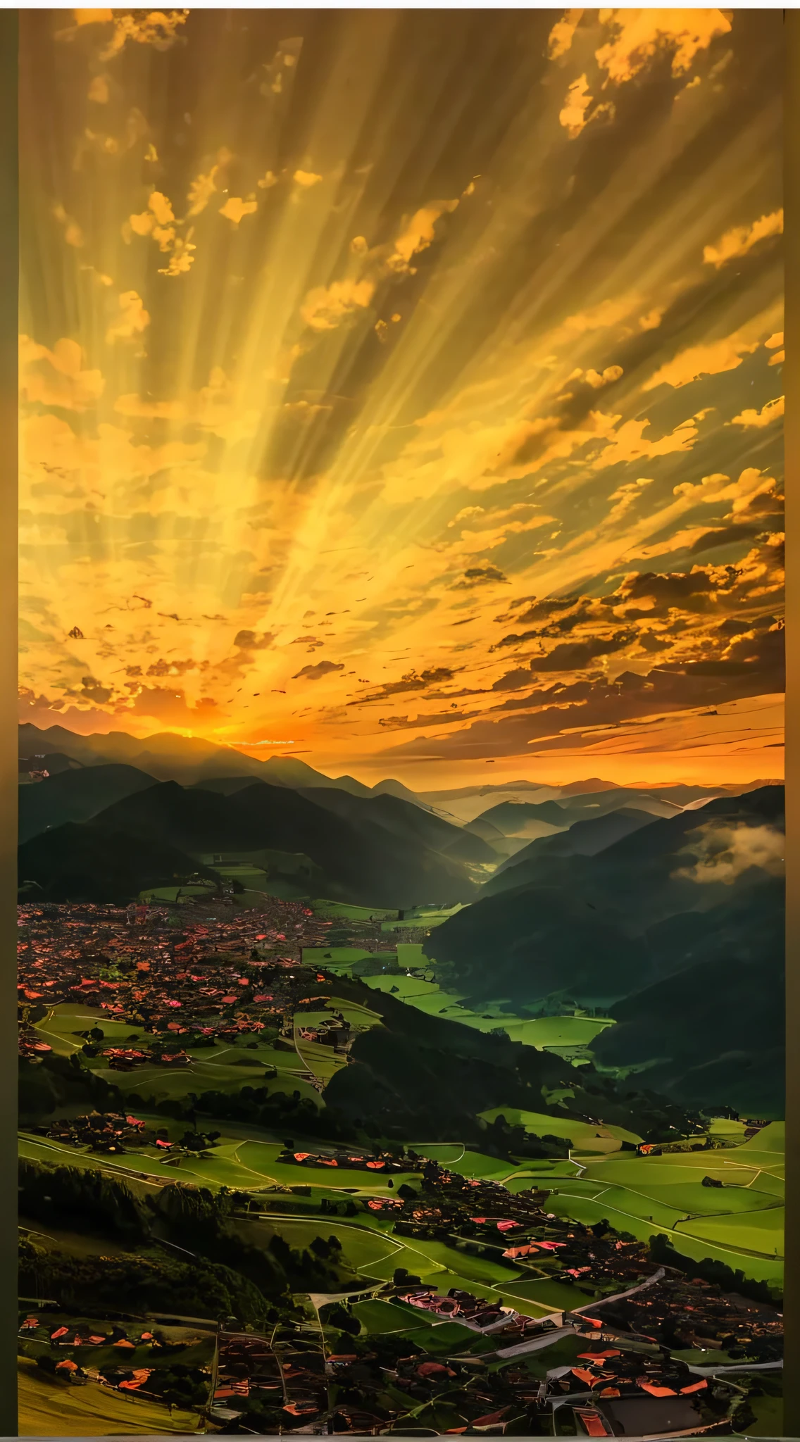 In the distance there is a village and a mountain valley of the Alafid landscape, breath-taking, rays of life, rays of sunshine, epic sunrise, The Holy Light shines, heavenly light, llight rays, beautiful light, golden rays, god light!!!, golden rays of sunlight, heavenly glow, heaven on earth, rays of sunshine, ray of golden sunlight