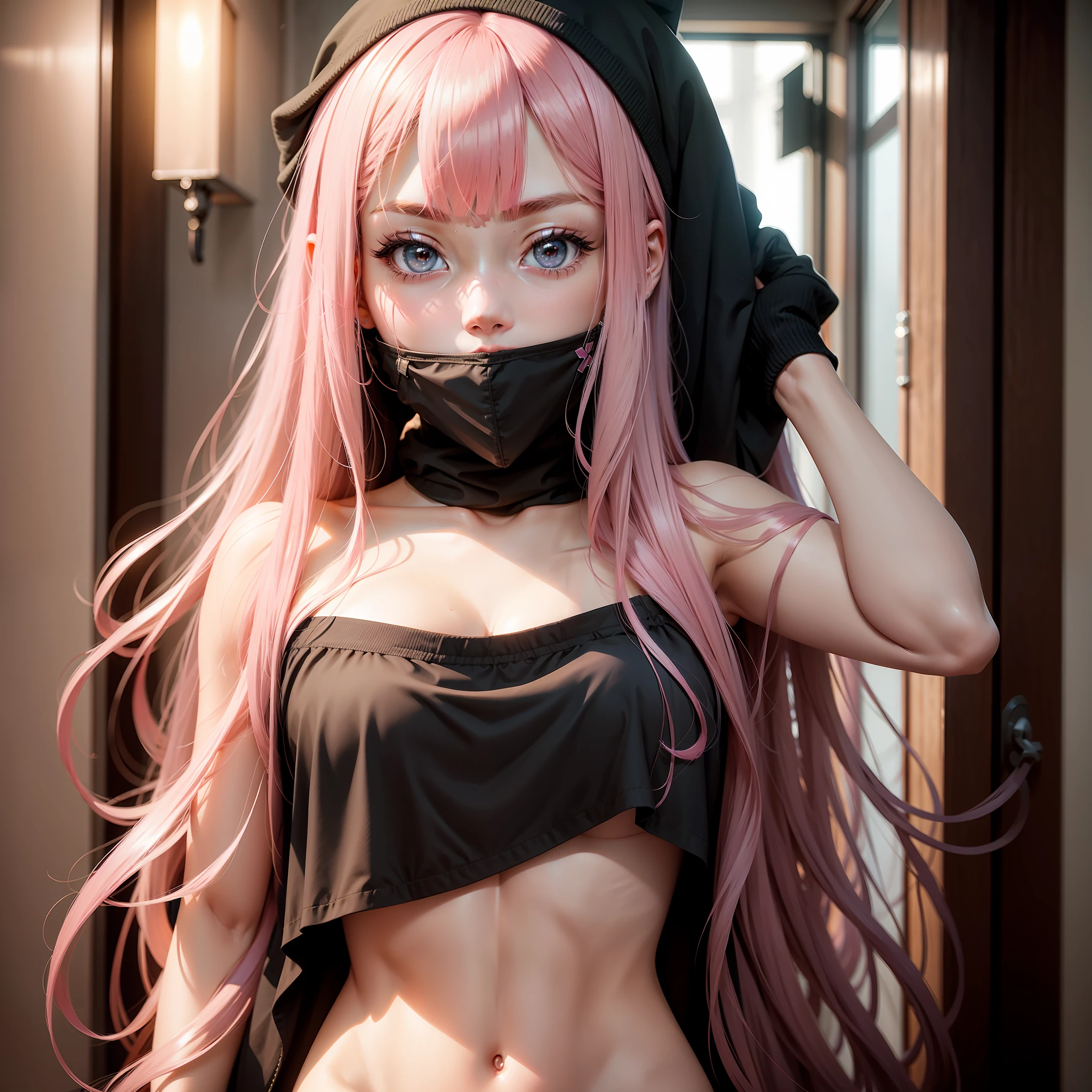 A pink-haired,1girl,19,years old,whaite hair,Black mask,naked,Ultra-clear image quality,