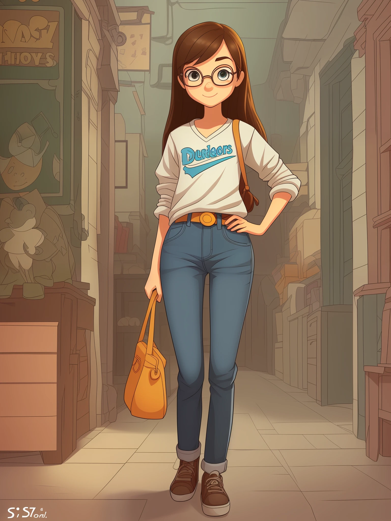 character illustration of young girl, 19 years old, a full body character, cute, simple, nerd, Disney and Pixar Animation --auto --s2