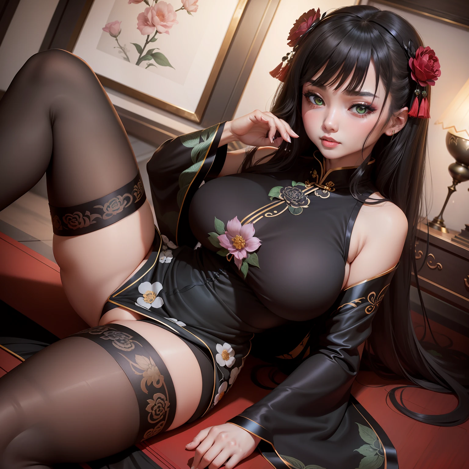 vaginalmasterpiece, best quality, a girl,black long hair,{{emerald eyes}},huge_breasts,black cheongsam,grey flower pattern in cheongsam,one small emerald flower ornaments,black pantyhose,teahouse,milf