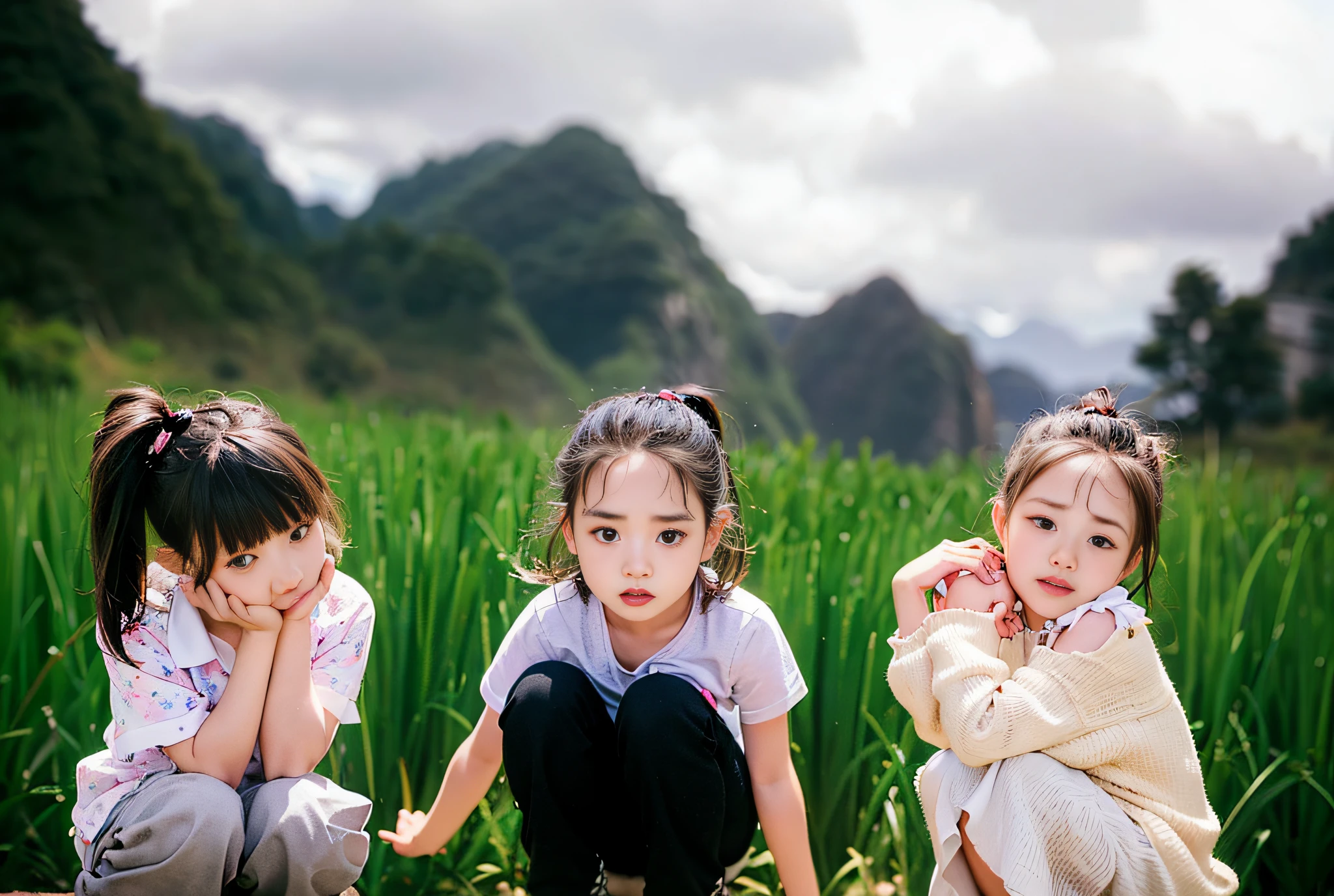 Three little girls sit on a rock in the grass, Gamine, Children, in a scenic background, Cute:2, they are very serious, ???, lonely family, sitting in a field, Beginner, Girl, looking sad, They are not happy, Young Asian girl, motivational, 3 sisters look into the mirror, looks sad and solemn, best on adobe stock