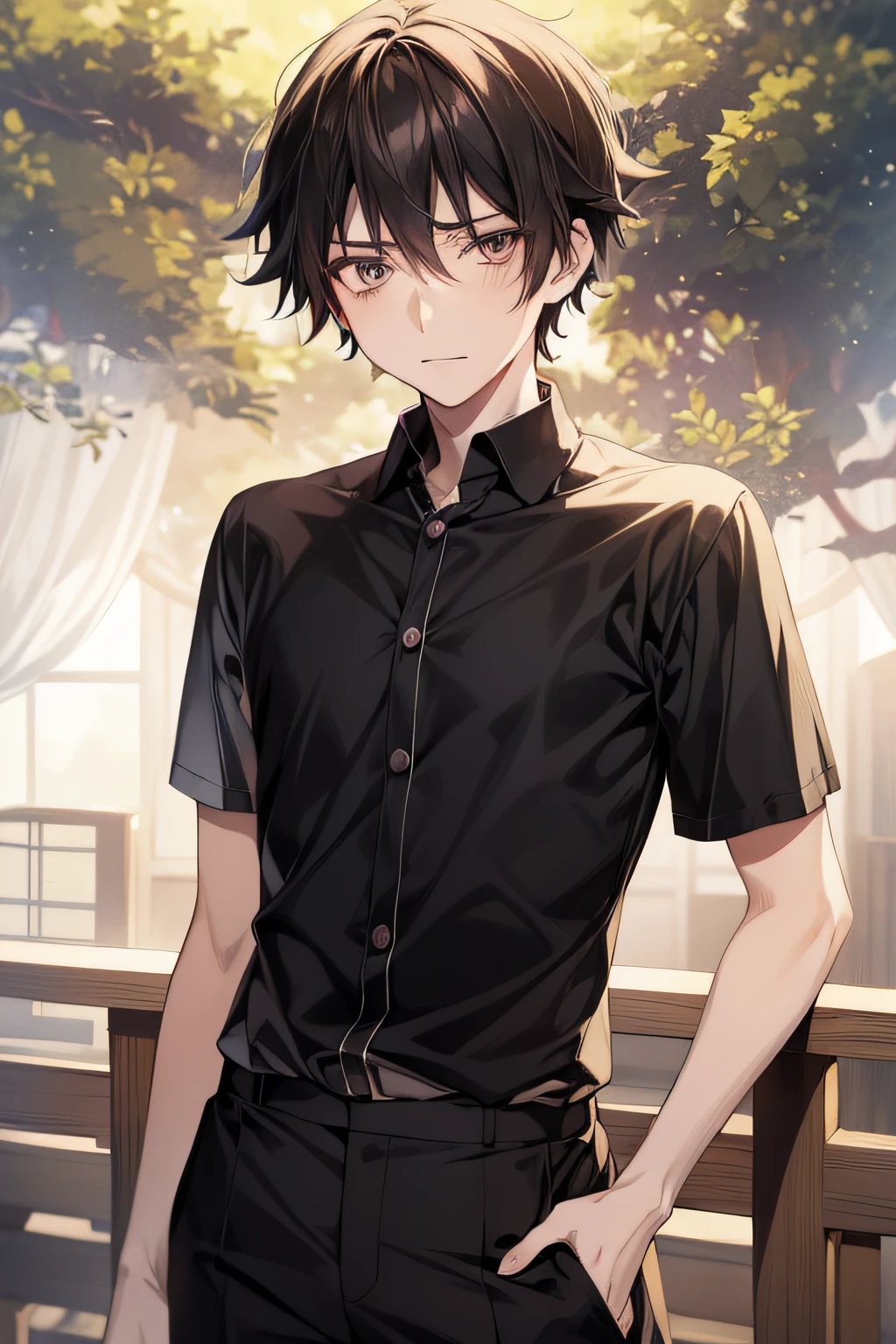 Anime-1boy,Style image of man in black shirt, ,Tall anime guy with black eyes, anime handsome guy, Anime portrait of a handsome man, young anime man, beautiful androgynous prince, delicate androgynous prince, Male anime style, male anime characters, inspired by Masanobu Okumura,Front-facing