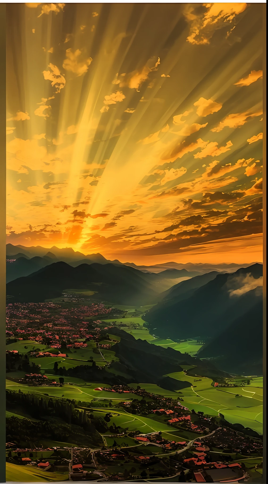 In the distance there is a village and a mountain valley of the Alafid landscape, breath-taking, rays of life, rays of sunshine, epic sunrise, The Holy Light shines, heavenly light, llight rays, beautiful light, golden rays, god light!!!, golden rays of sunlight, heavenly glow, heaven on earth, rays of sunshine, ray of golden sunlight