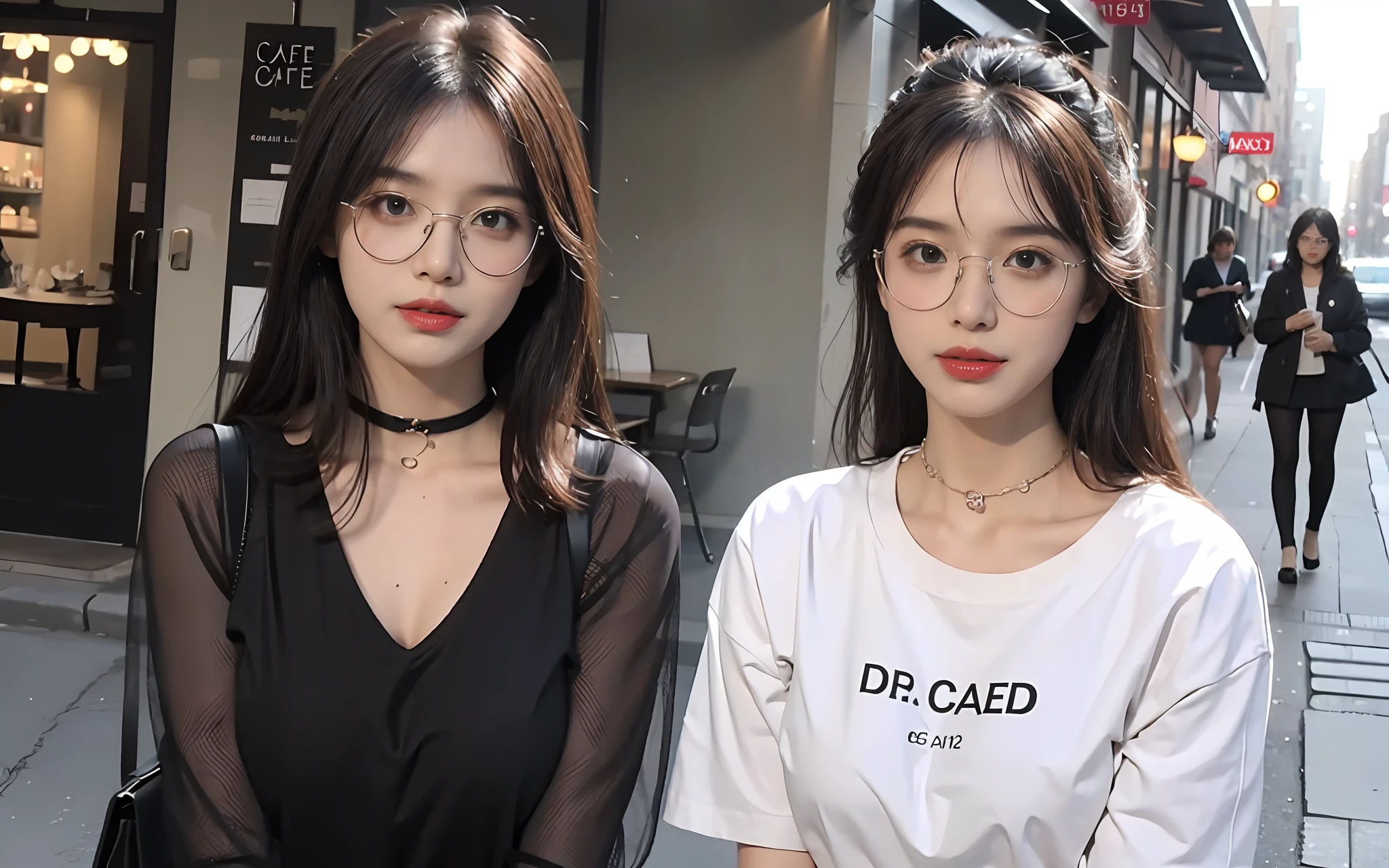 best qualtiy, Refined face,pretty face,23 years old woman,slimfigure,Smaller bust,huge tit,No chest leakage,office lady uniform,Office wear,Mesh stockings,Outdoor scene,(Cafe)wears glasses,(dark mole),(choker necklace),(耳Nipple Ring),(Full body like 2.0)(Camera interaction)(Thin leg 2.0)(Beautify the legs) (Beautify the thighs)(Drop chest 1.5) (White T-shirt)(Show leg gap 2.0)