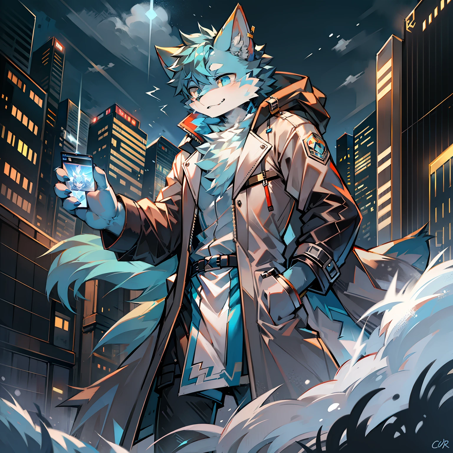 Cybermetropolis，Thunder，drifting snow，Male blue cat，Electronic left eye，Chinese trench coat