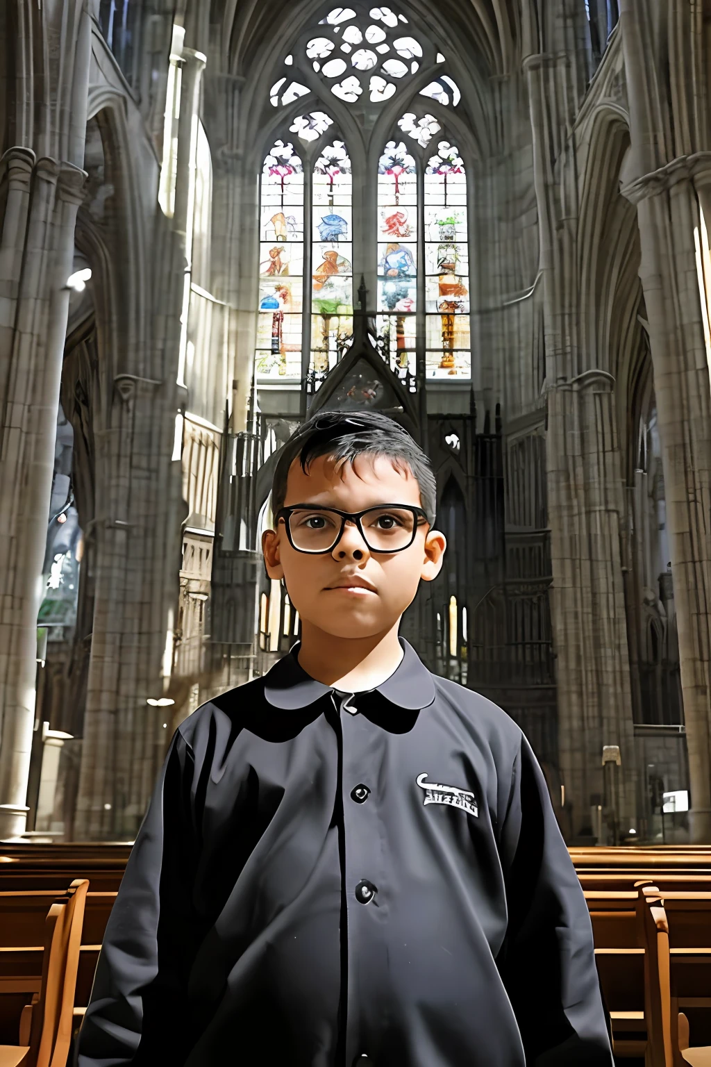 guttonervision8, "((best quality)), ((masterpiece)), ((realistic cartoon)), ((perfect character)) - A 3-year-old boy wearing glasses, meticulously depicted with hyper-detailed facial features and skin, dressed in school attire, stands in front of a Gothic medieval cathedral. He looks directly at the viewer, making the scene engaging and captivating. The surroundings feature stunning stained glass windows illuminated by rays of sunlight filtering through from the outside. In the background, a majestic pipe organ from that era adds to the atmosphere. The entire scene is highly detailed, exuding a realistic and somber Gothic ambiance in UHD quality."
eye level, scenic, masterpiece