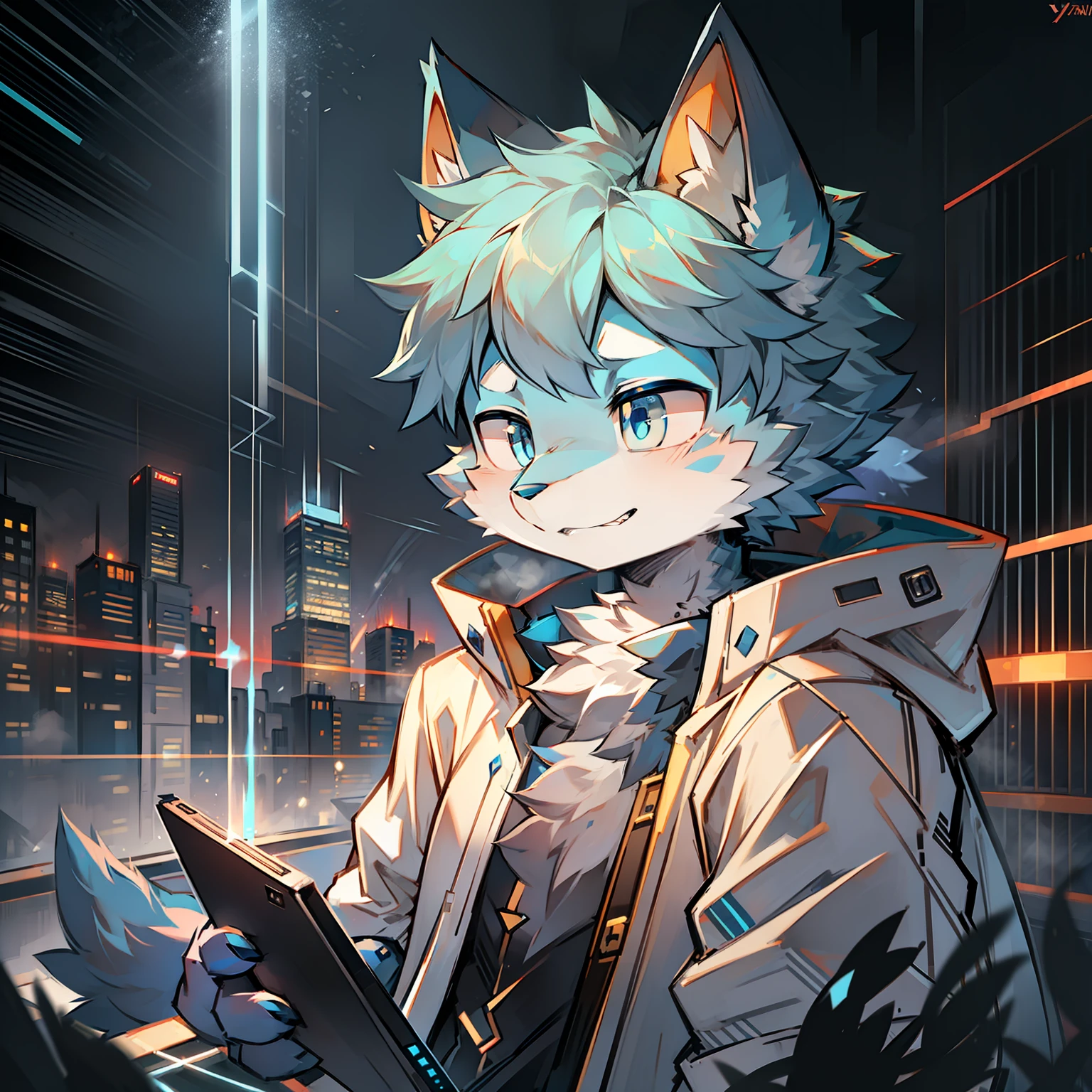 Cybermetropolis,Thunder,drifting snow,Male blue cat,Electronic left eye,Chinese trench coat