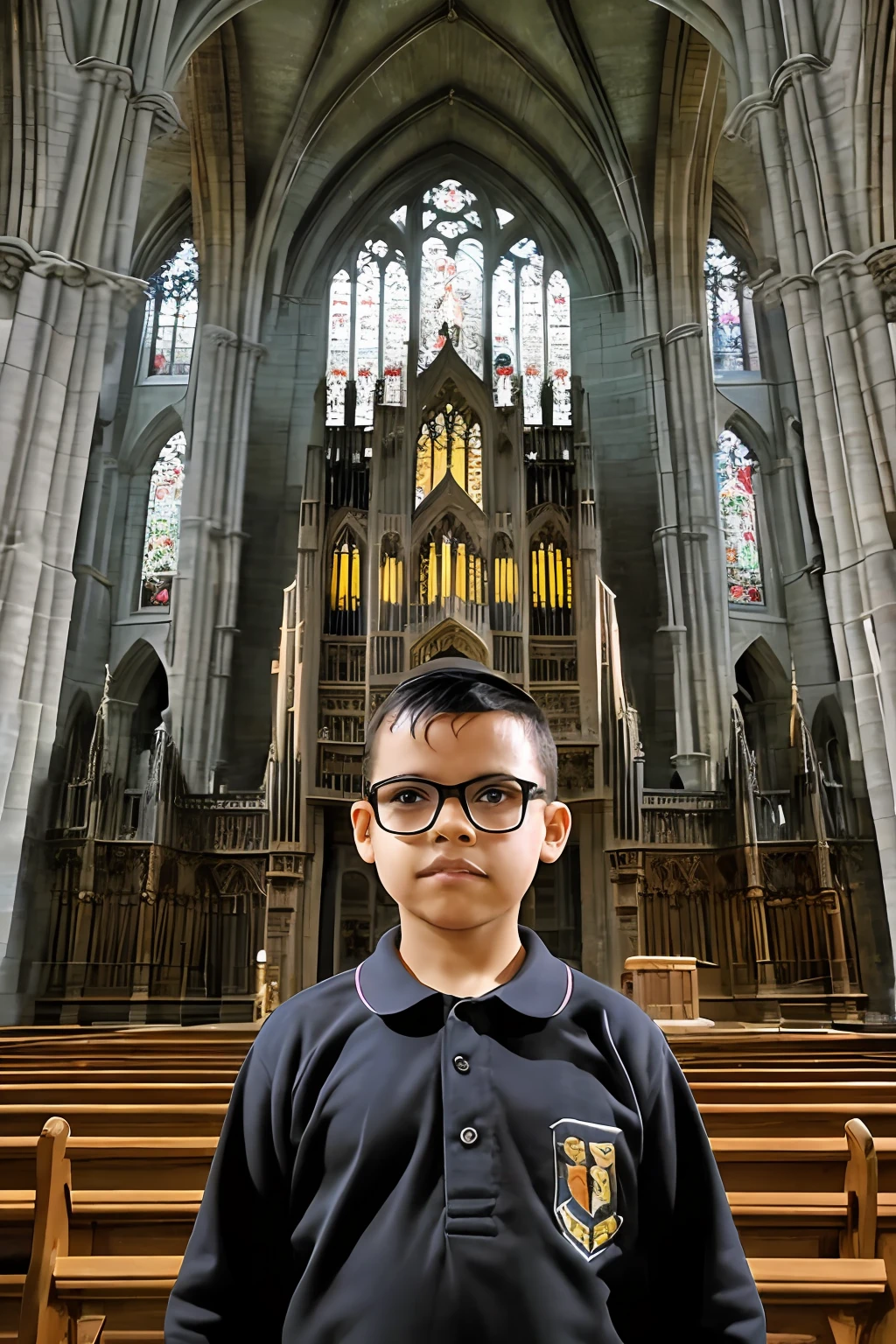 guttonervision8, "((best quality)), ((masterpiece)), ((realistic cartoon)), ((perfect character)) - A 3--old wearing glasses, meticulously depicted with hyper-detailed facial features and skin, dressed in school attire, stands in front of a Gothic medieval cathedral. He looks directly at the viewer, making the scene engaging and captivating. The surroundings feature stunning stained glass windows illuminated by rays of sunlight filtering through from the outside. In the background, a majestic pipe organ from that era adds to the atmosphere. The entire scene is highly detailed, exuding a realistic and somber Gothic ambiance in UHD quality."
eye level, scenic, masterpiece