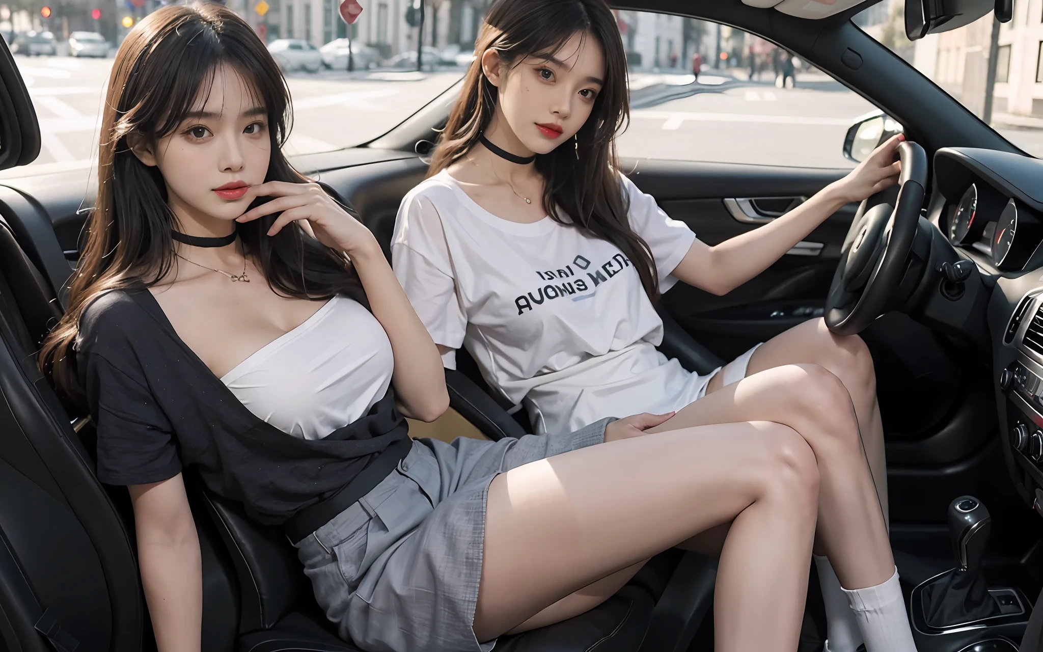 best qualtiy, Refined face，pretty  face，23 years old woman，slimfigure，Smaller bust，huge tit，No chest leakage，office lady uniform，Office wear，Mesh stockings，Outdoor scene，（Cafe）wears glasses，（dark mole），（choker necklace），（耳Nipple Ring），（Full body like 2.0）（Camera interaction）（Thin leg 2.0）(Beautify the legs) （Beautify the thighs）(Hanging chest) （T-shirt）（Difficult hip-hop moves 2）